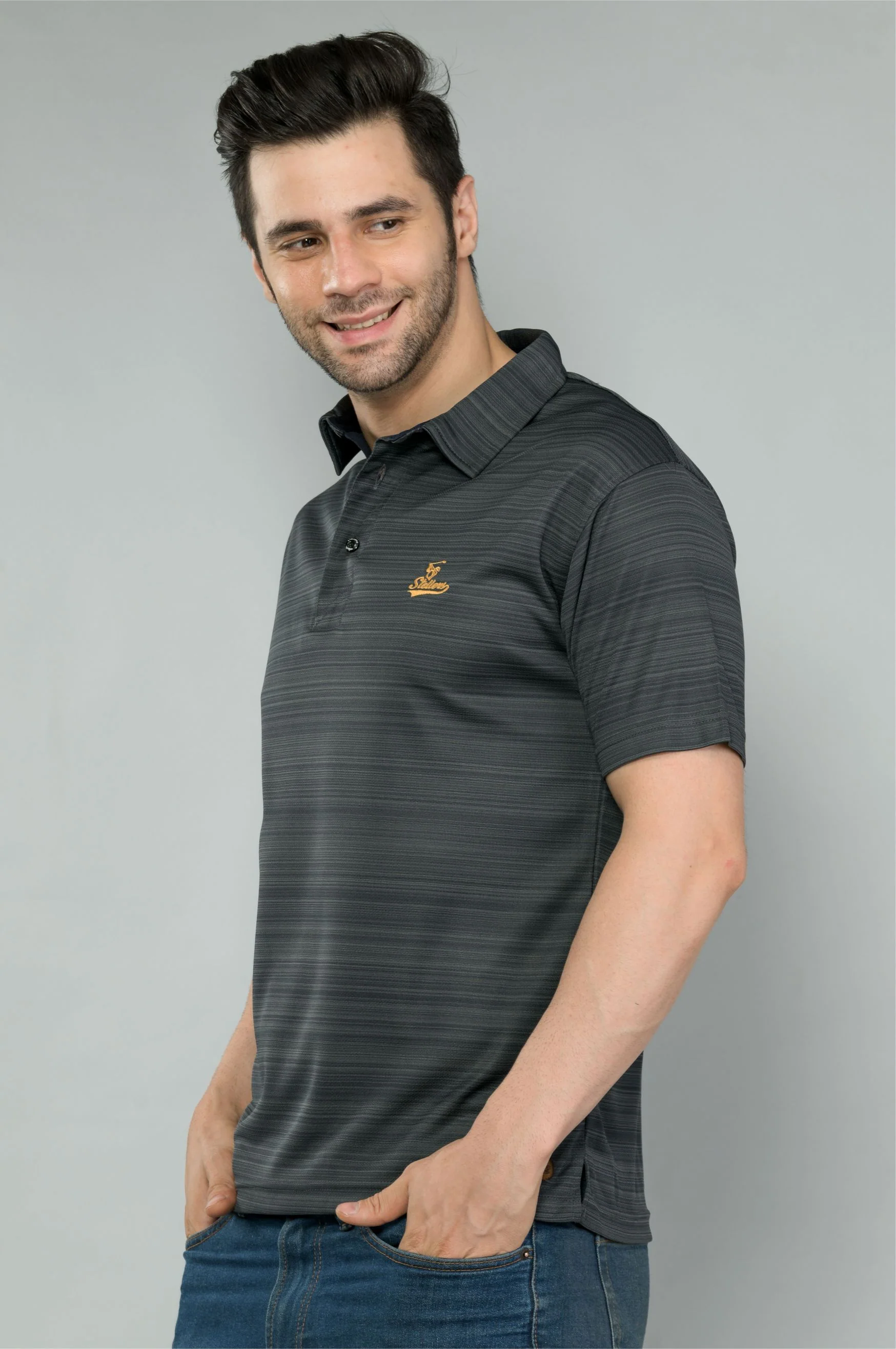 Black Men's Barcode Weave Golf Polo T-Shirt | Quick Dry | Stretchable | UV Protected | Wrinkle & Odour-Free - Image 3