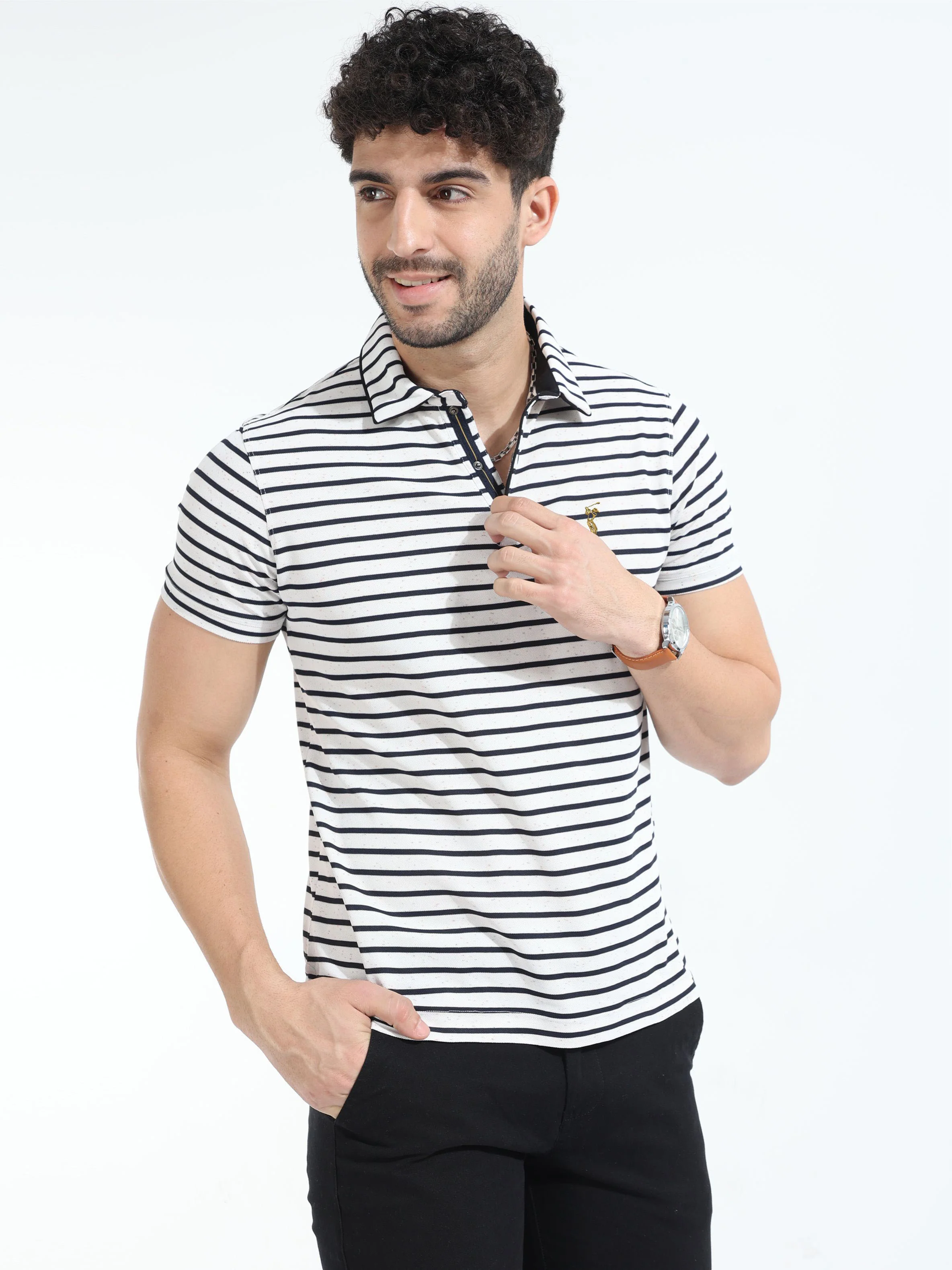 Black Mens Rolex Stripes Polo T-Shirt - Image 3