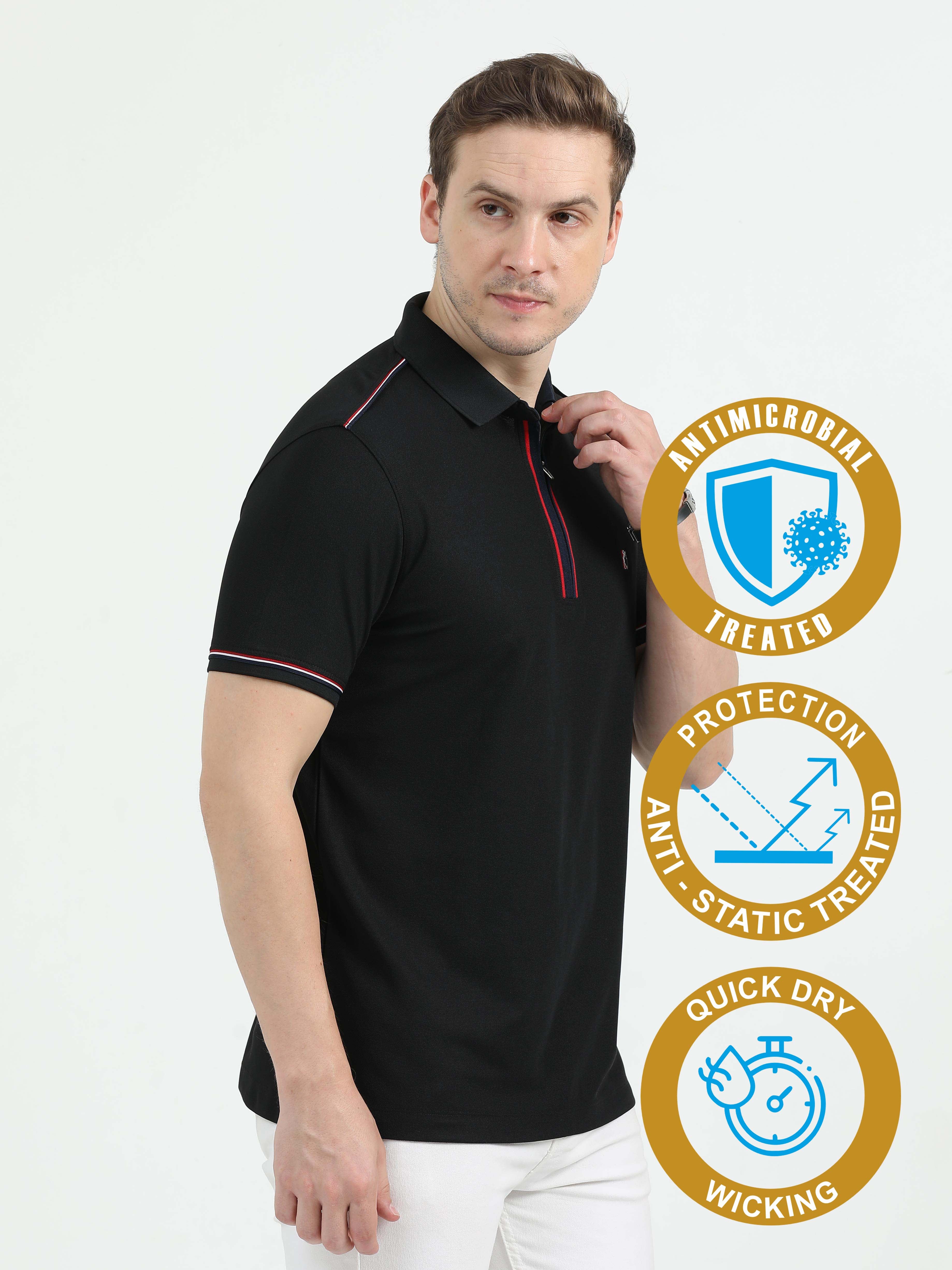 Black Men's Zipper Placket Polo T-Shirt | Quick Dry | Stretchable | UV Protected | Wrinkle & Odour-Free - Image 3
