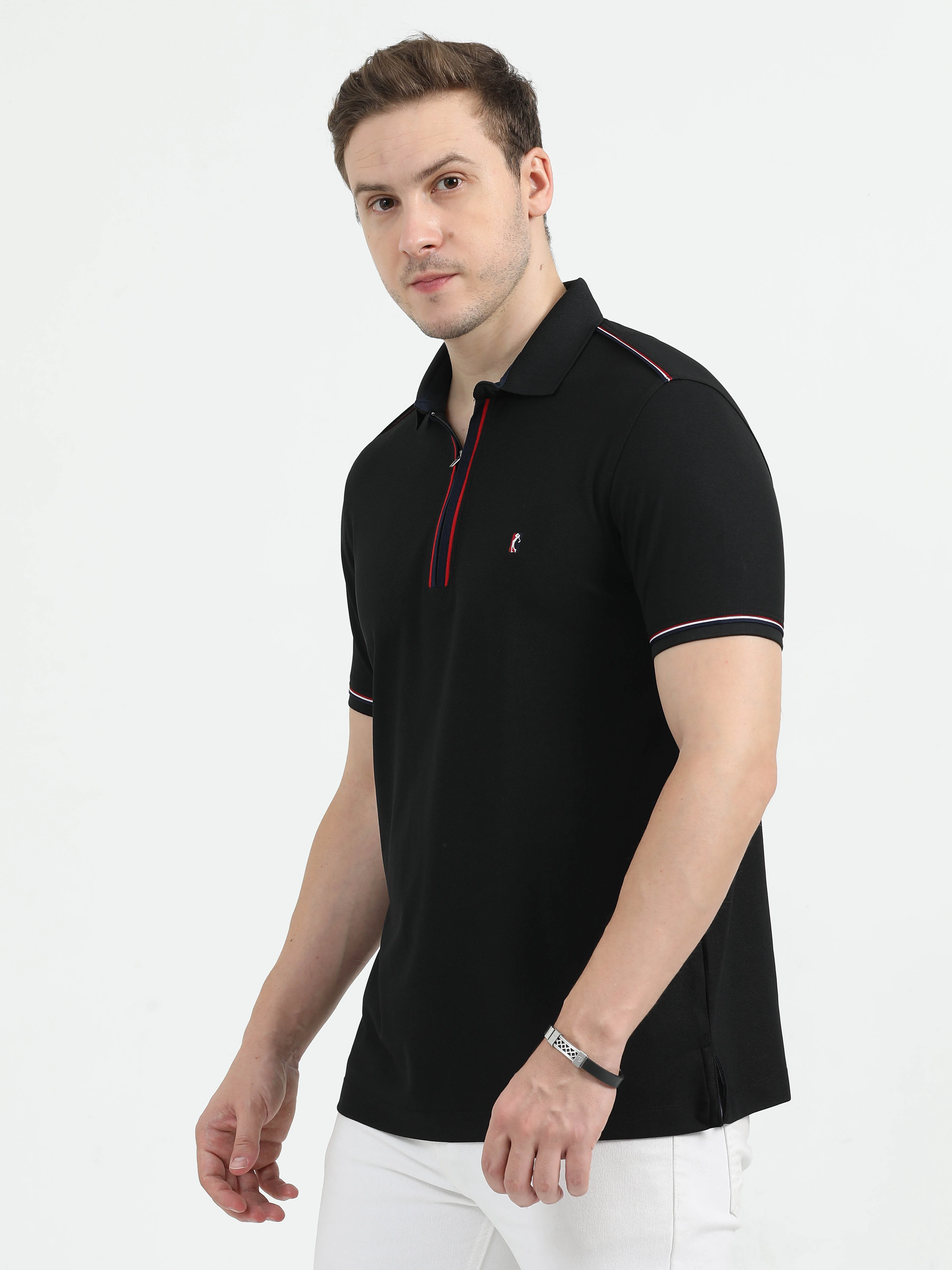 Black Men's Zipper Placket Polo T-Shirt | Quick Dry | Stretchable | UV Protected | Wrinkle & Odour-Free - Image 4
