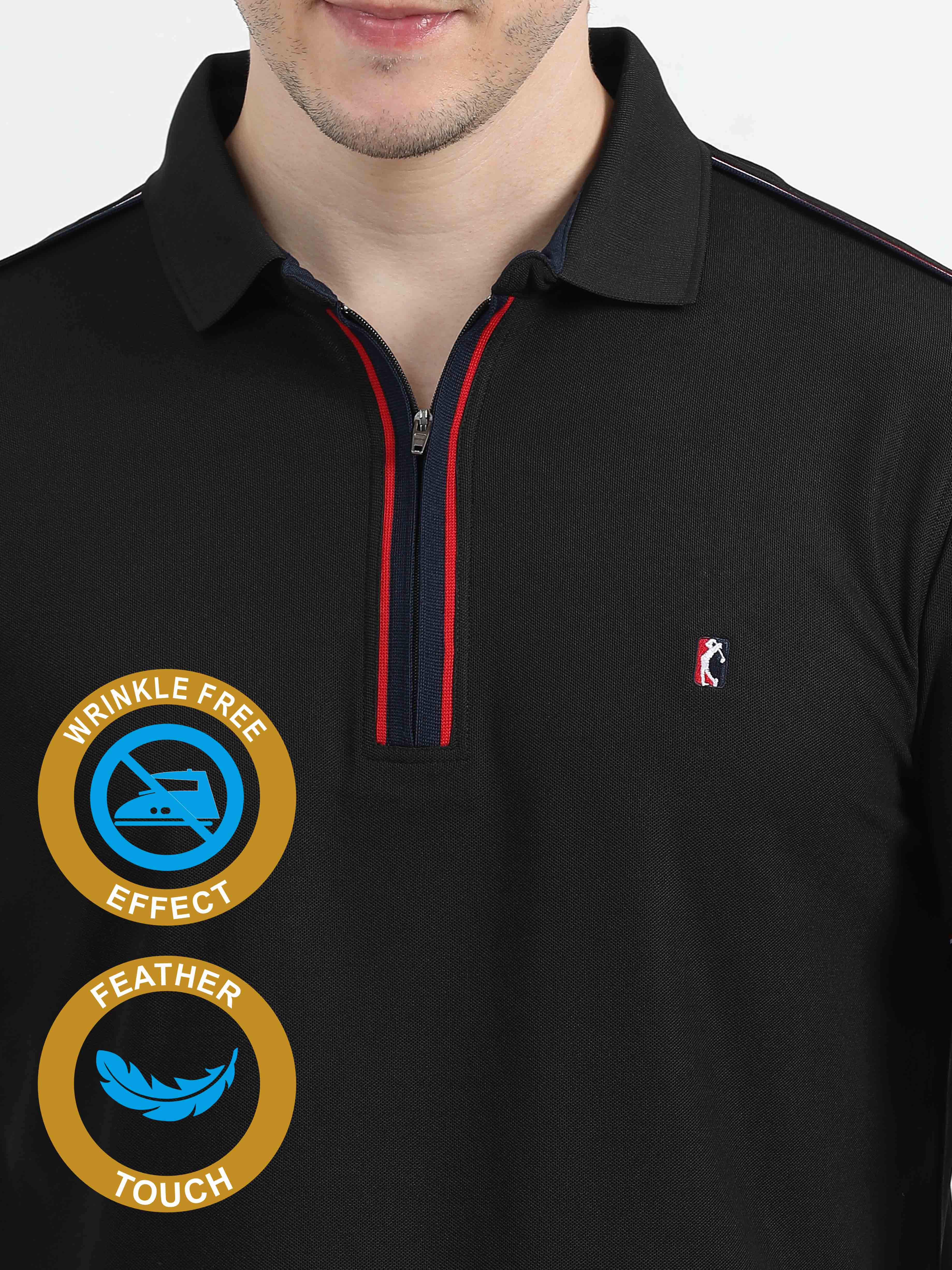 Black Men's Zipper Placket Polo T-Shirt | Quick Dry | Stretchable | UV Protected | Wrinkle & Odour-Free - Image 6