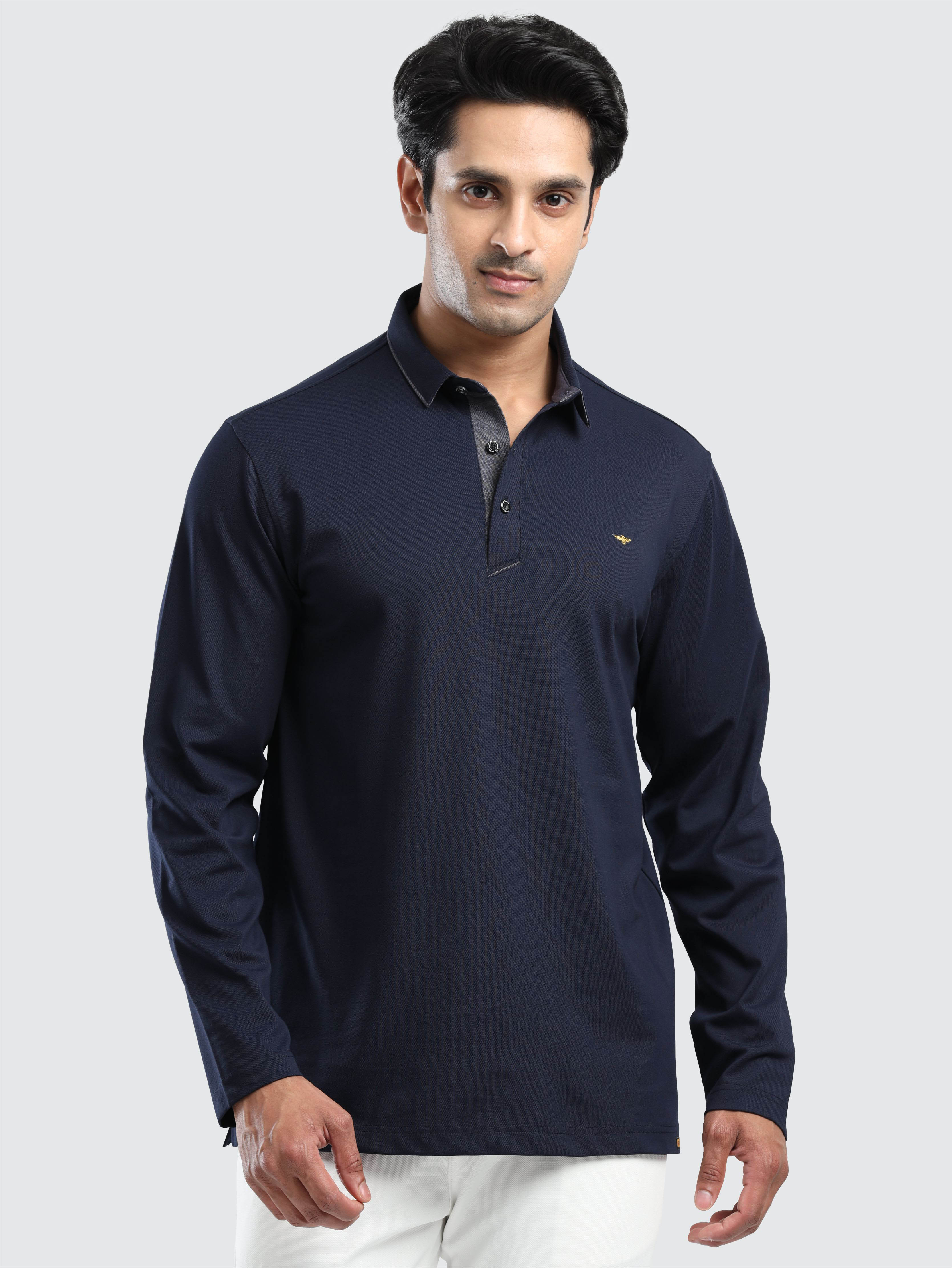 Men's Full Sleeve Soft Berry PQ Polo T-Shirt-Navy Blue - Image 3
