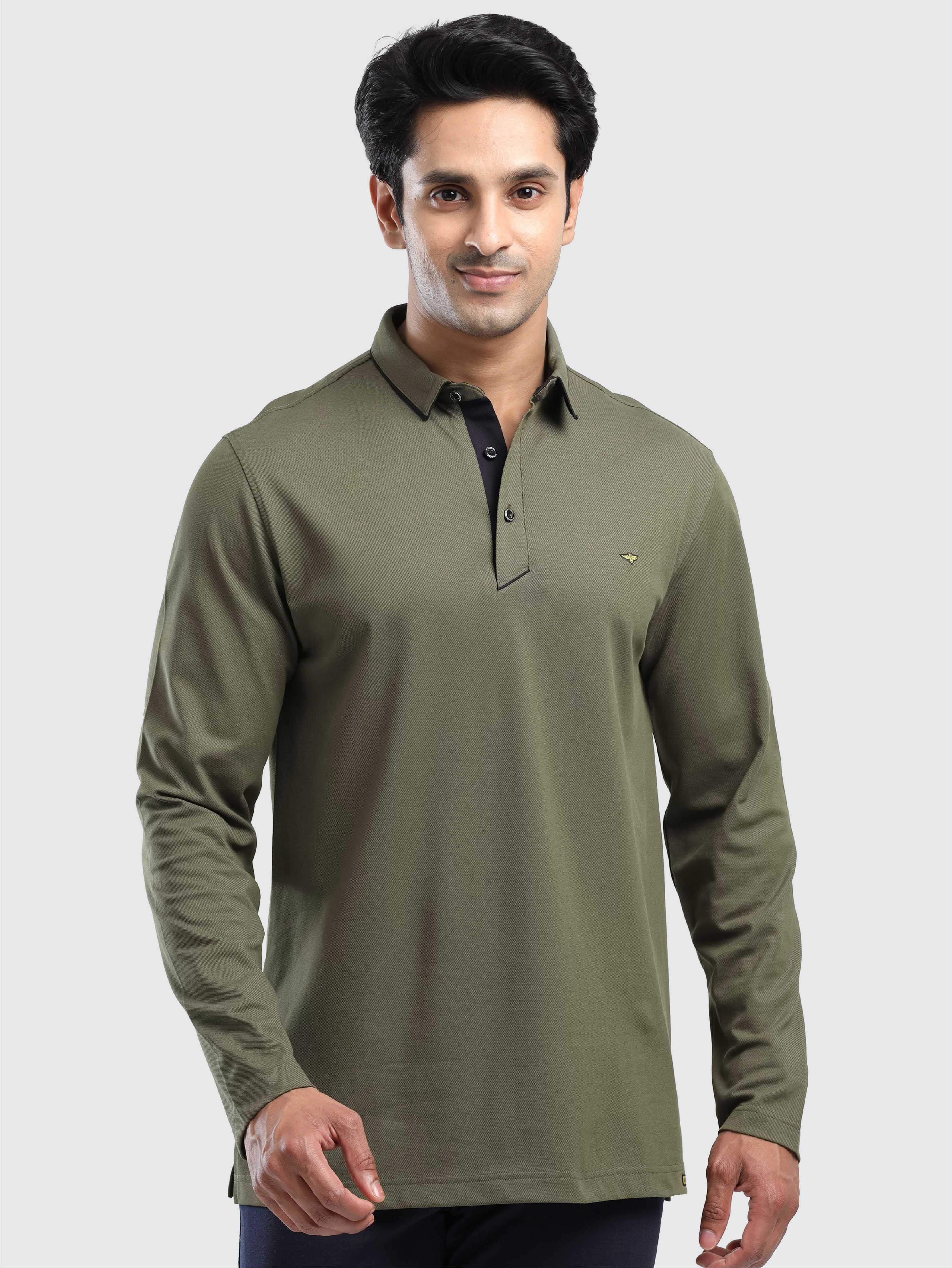Men's Full Sleeve Soft Berry PQ Polo T-Shirt- Olive Green - Image 3