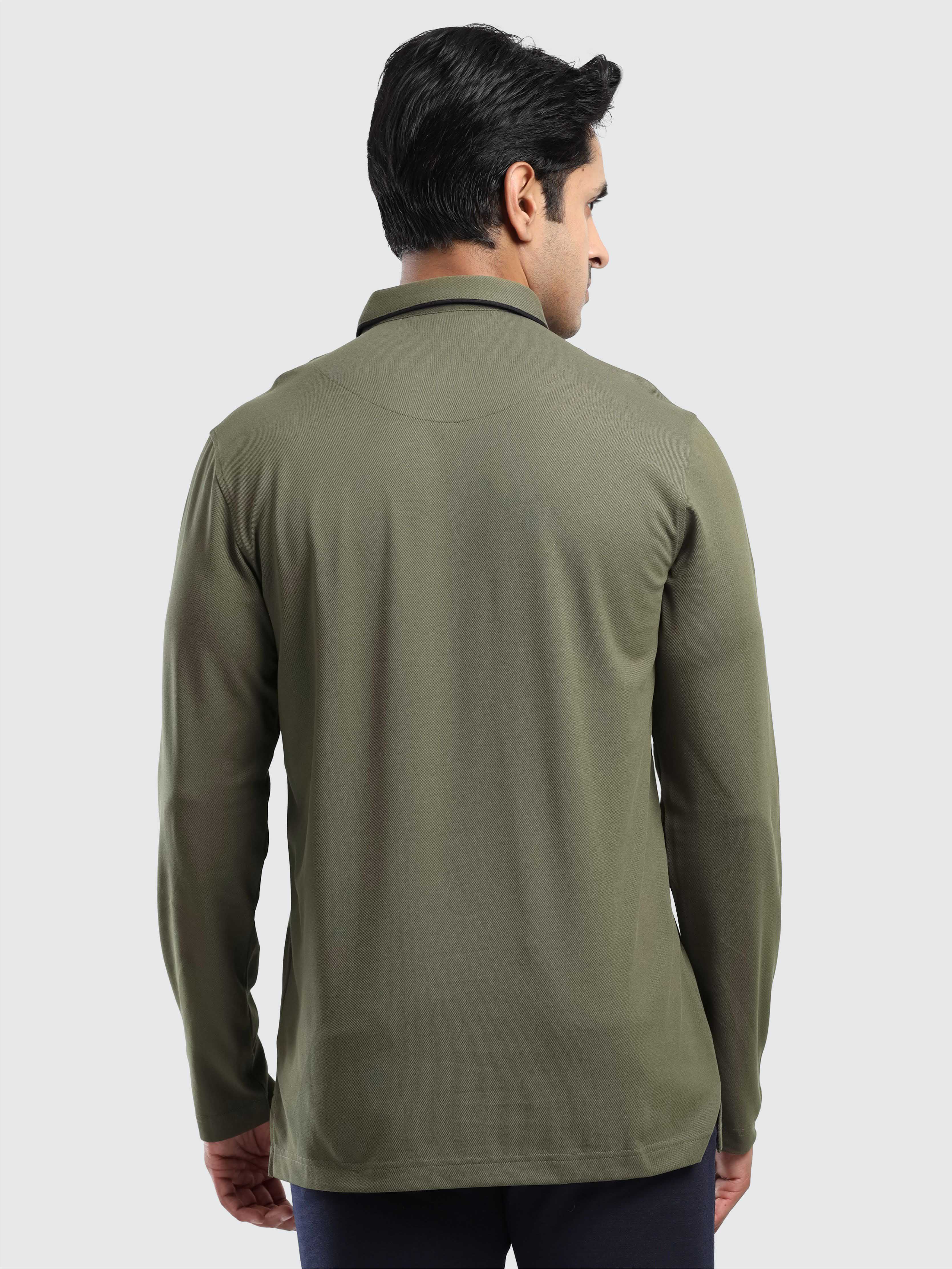 Men's Full Sleeve Soft Berry PQ Polo T-Shirt- Olive Green - Image 4