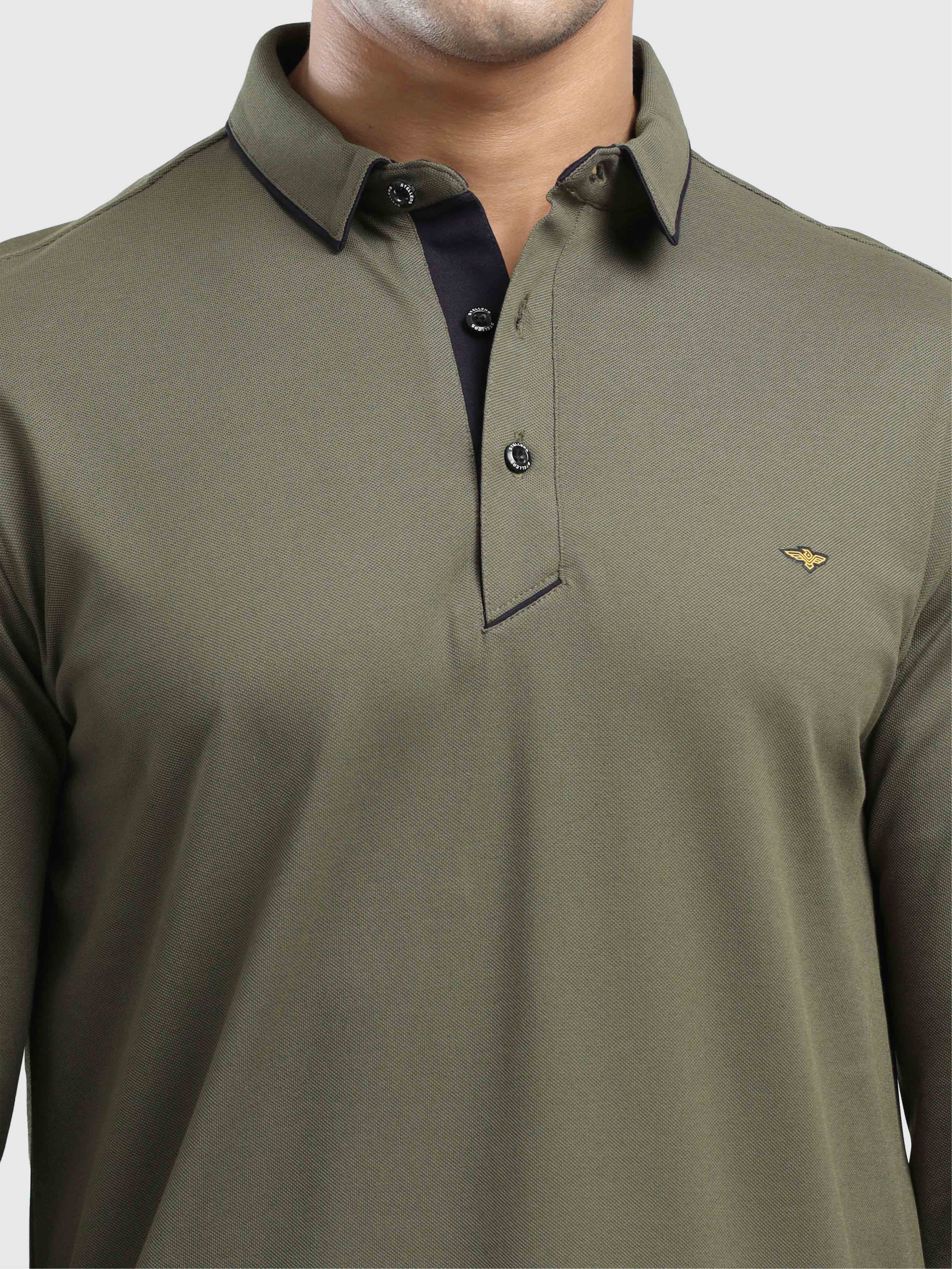 Men's Full Sleeve Soft Berry PQ Polo T-Shirt- Olive Green - Image 5
