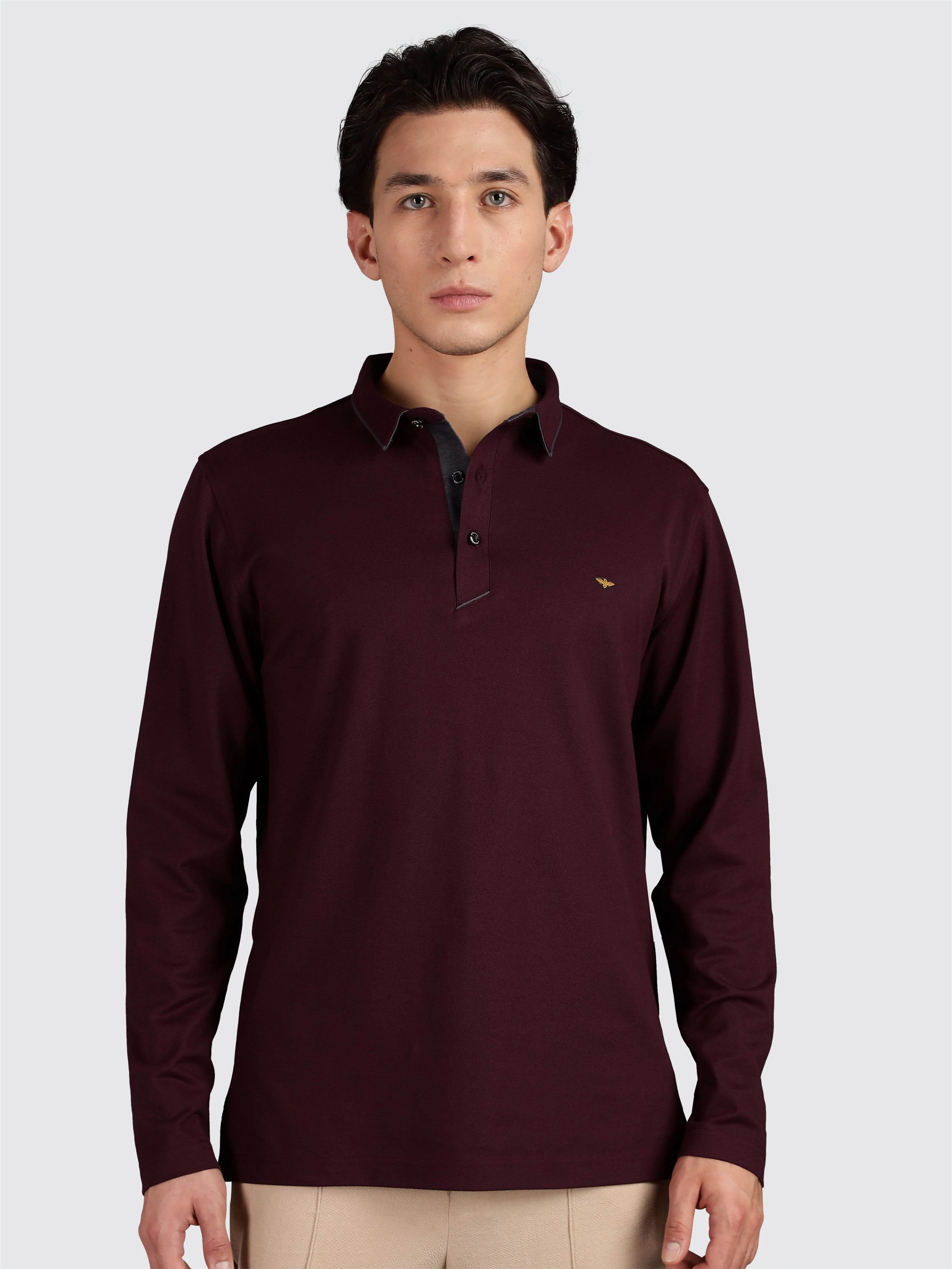 Men's Full Sleeve Soft Berry PQ Polo T-Shirt-Wine - Image 3