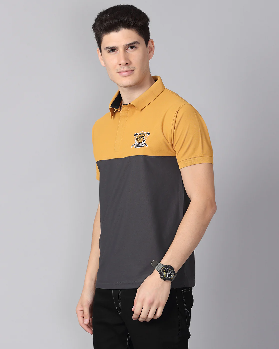 Mustard-Dark Grey Men's Half & Half Polo T-Shirt | Quick Dry | Stretchable | UV Protected | Wrinkle & Odour-Free - Image 3