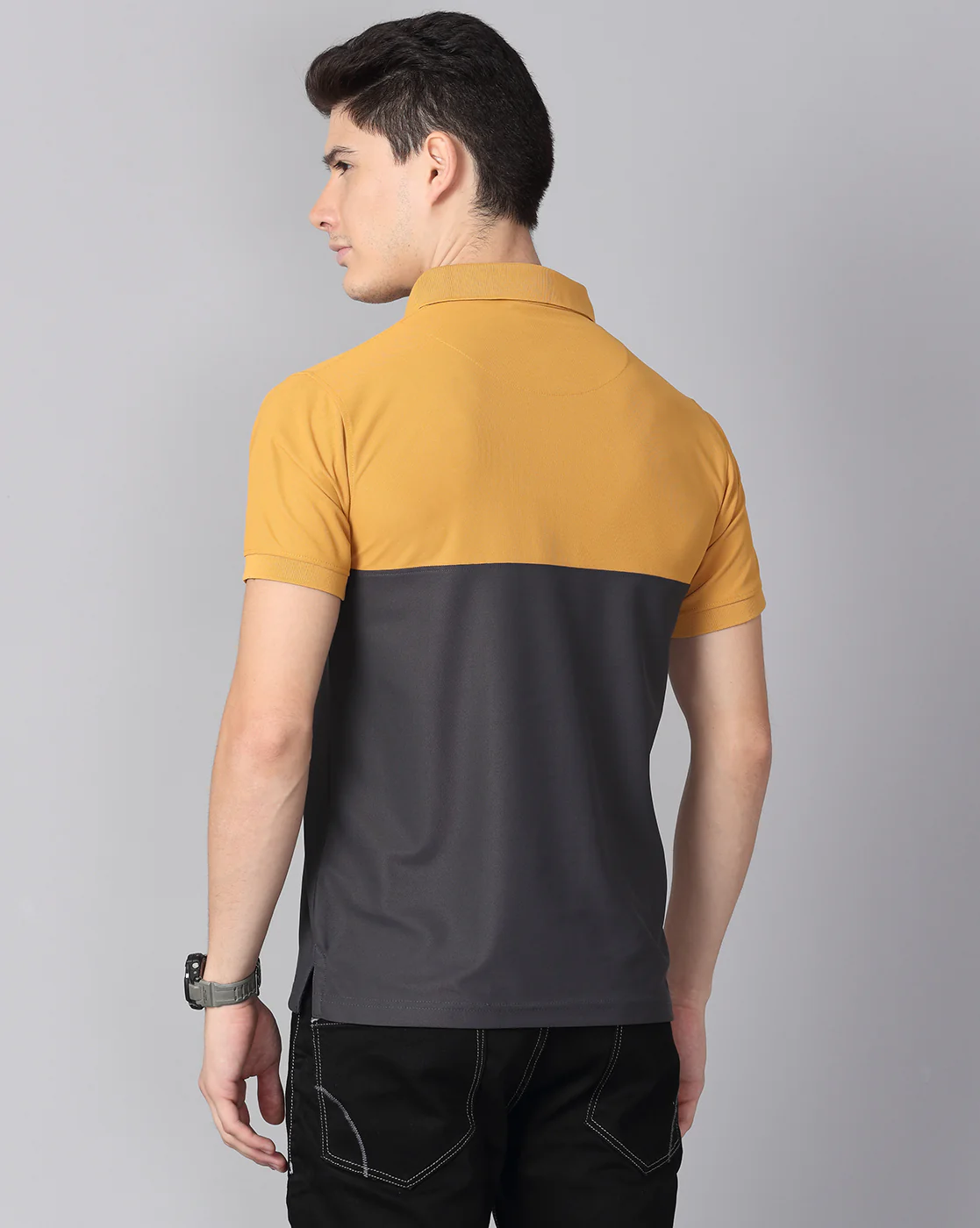 Mustard-Dark Grey Men's Half & Half Polo T-Shirt | Quick Dry | Stretchable | UV Protected | Wrinkle & Odour-Free - Image 4