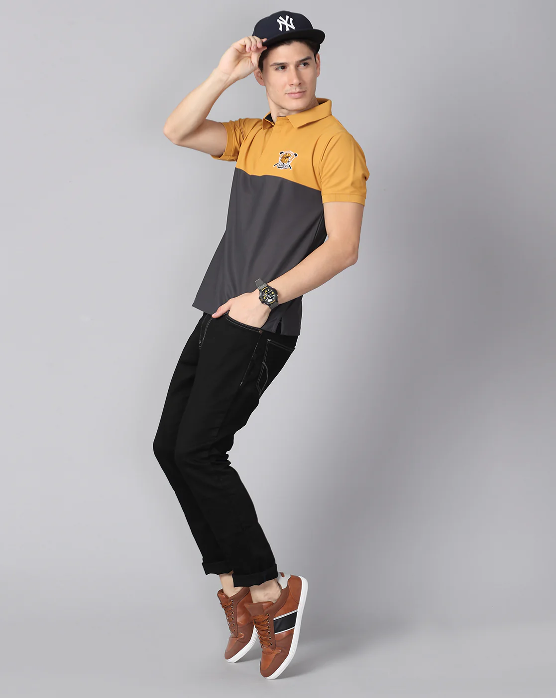 Mustard-Dark Grey Men's Half & Half Polo T-Shirt | Quick Dry | Stretchable | UV Protected | Wrinkle & Odour-Free - Image 5