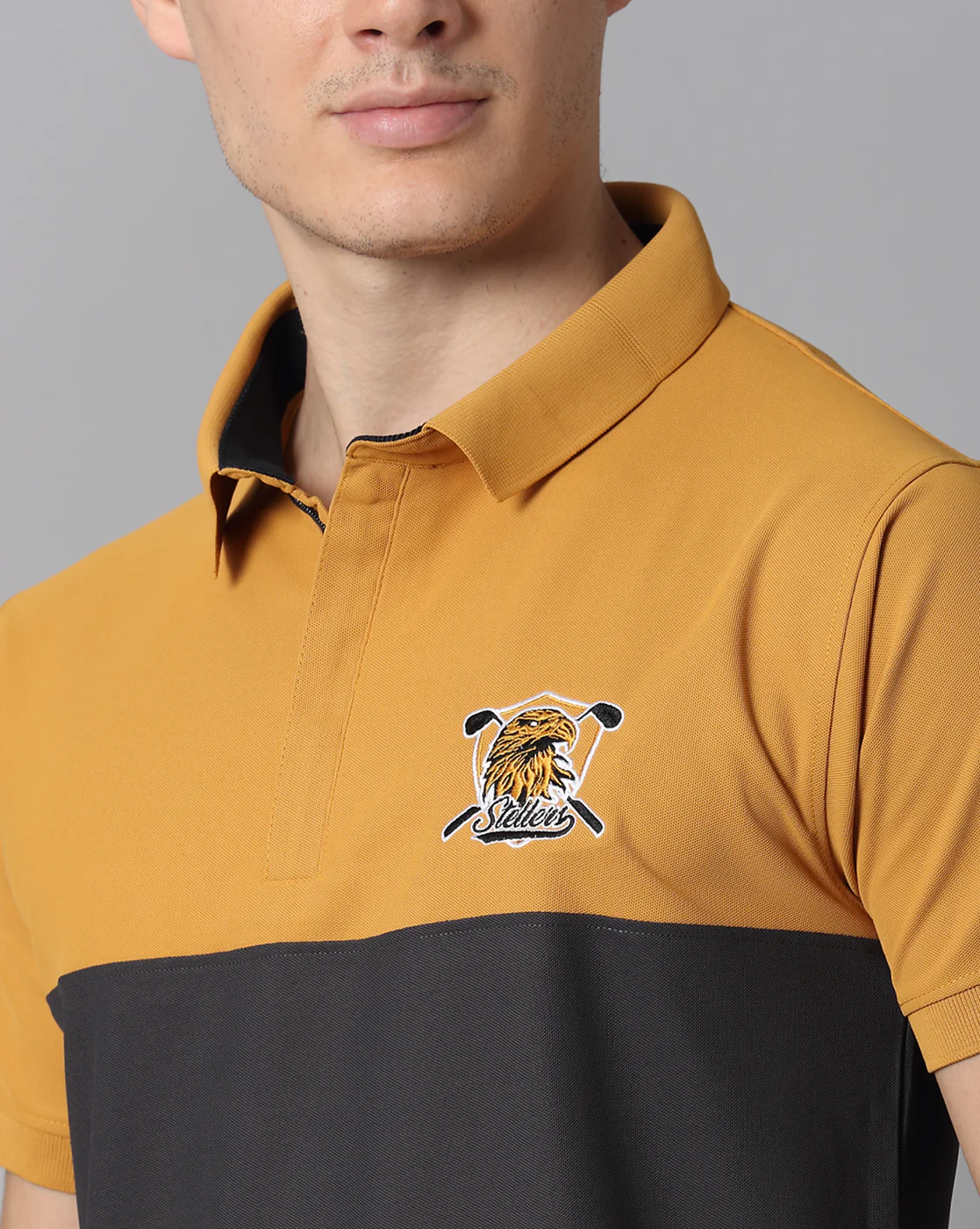 Mustard-Dark Grey Men's Half & Half Polo T-Shirt | Quick Dry | Stretchable | UV Protected | Wrinkle & Odour-Free - Image 6