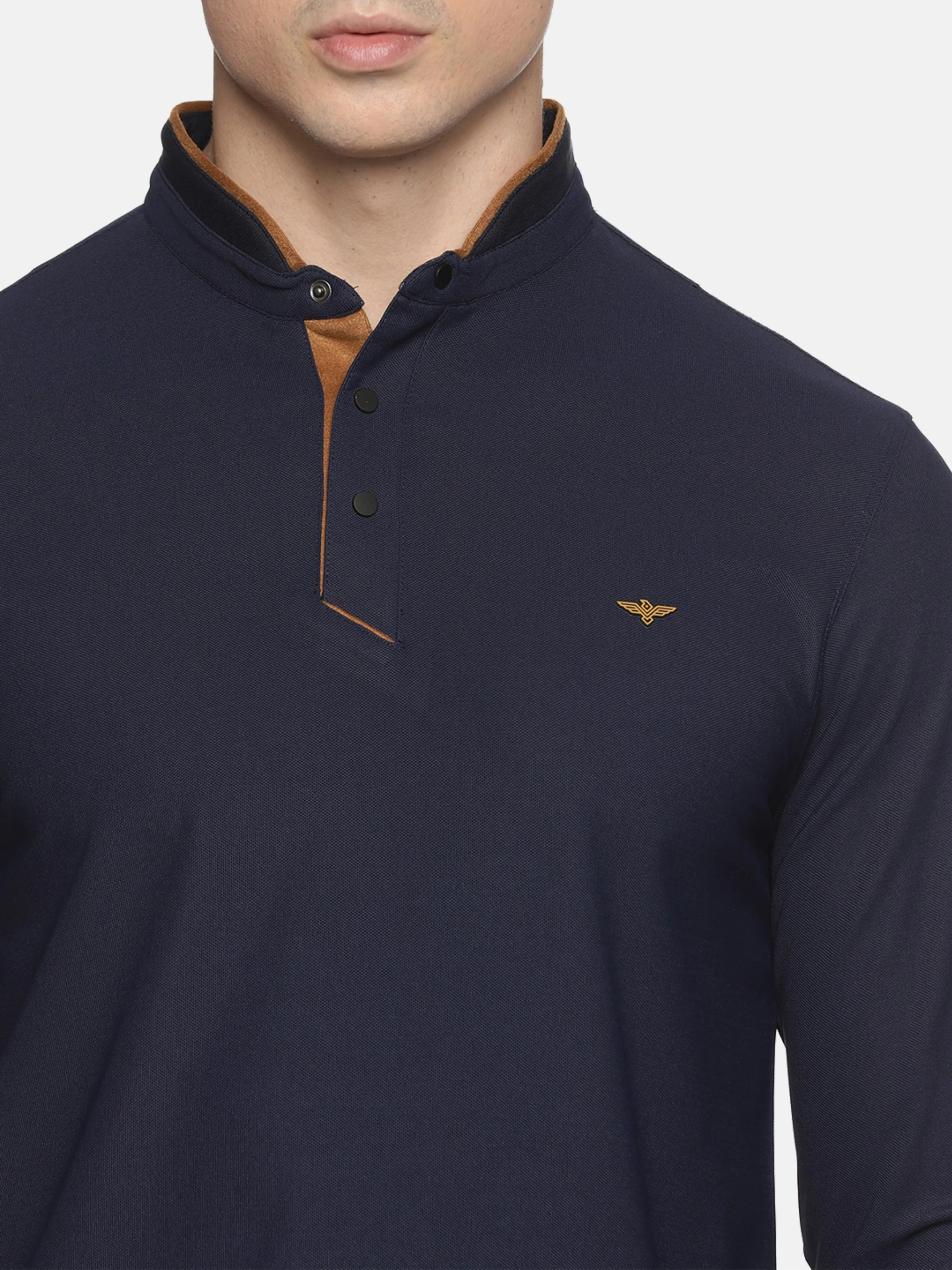 Navy Blue Henley Men's Full Sleeve Snap Button T-Shirt - Image 4