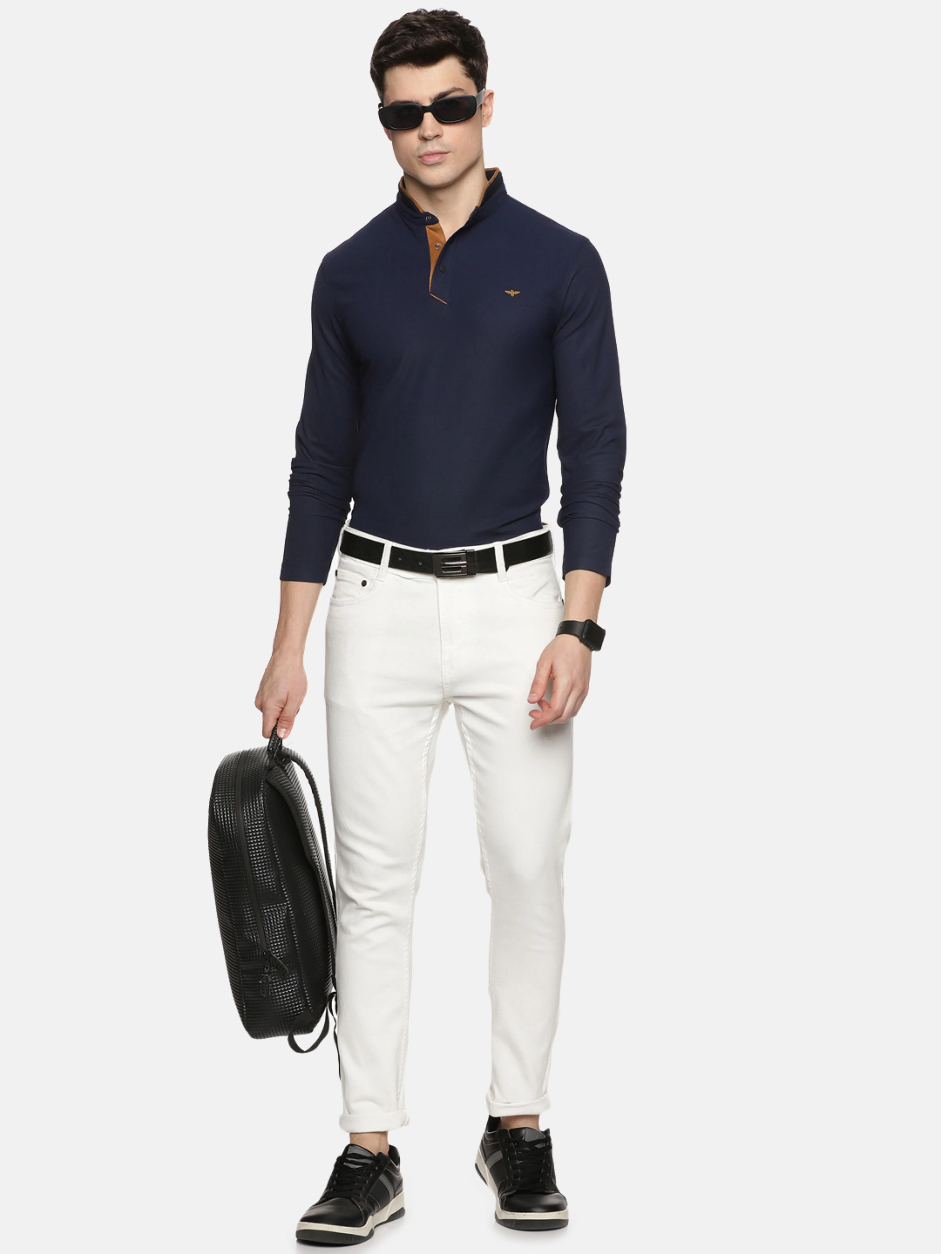 Navy Blue Henley Men's Full Sleeve Snap Button T-Shirt - Image 5