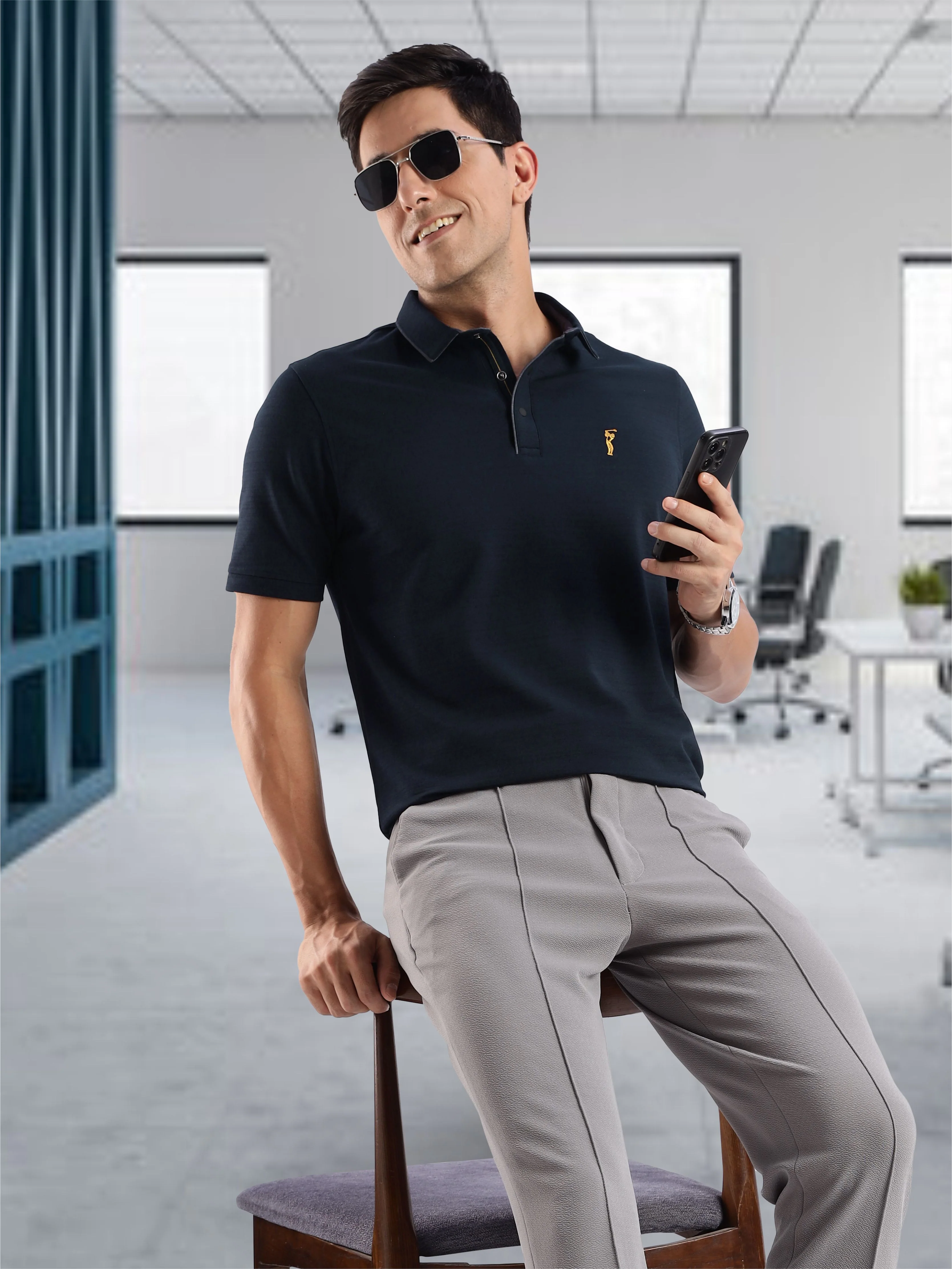 Navy Blue Premium Pique Crush Polo T-Shirt - Image 5