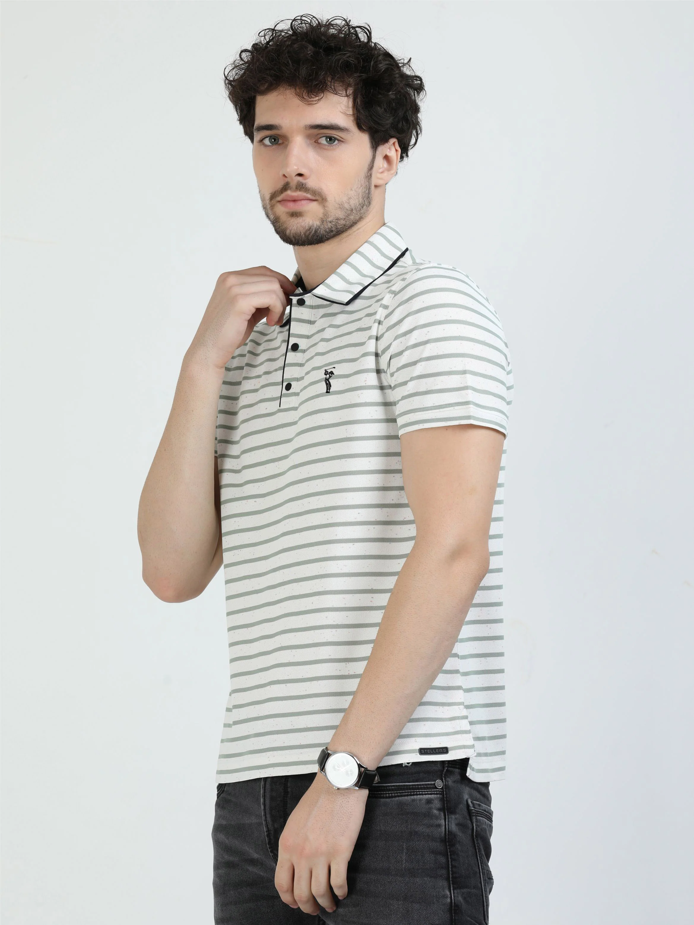 Pastel Green Mens Rolex Stripes Polo T-Shirt - Image 4