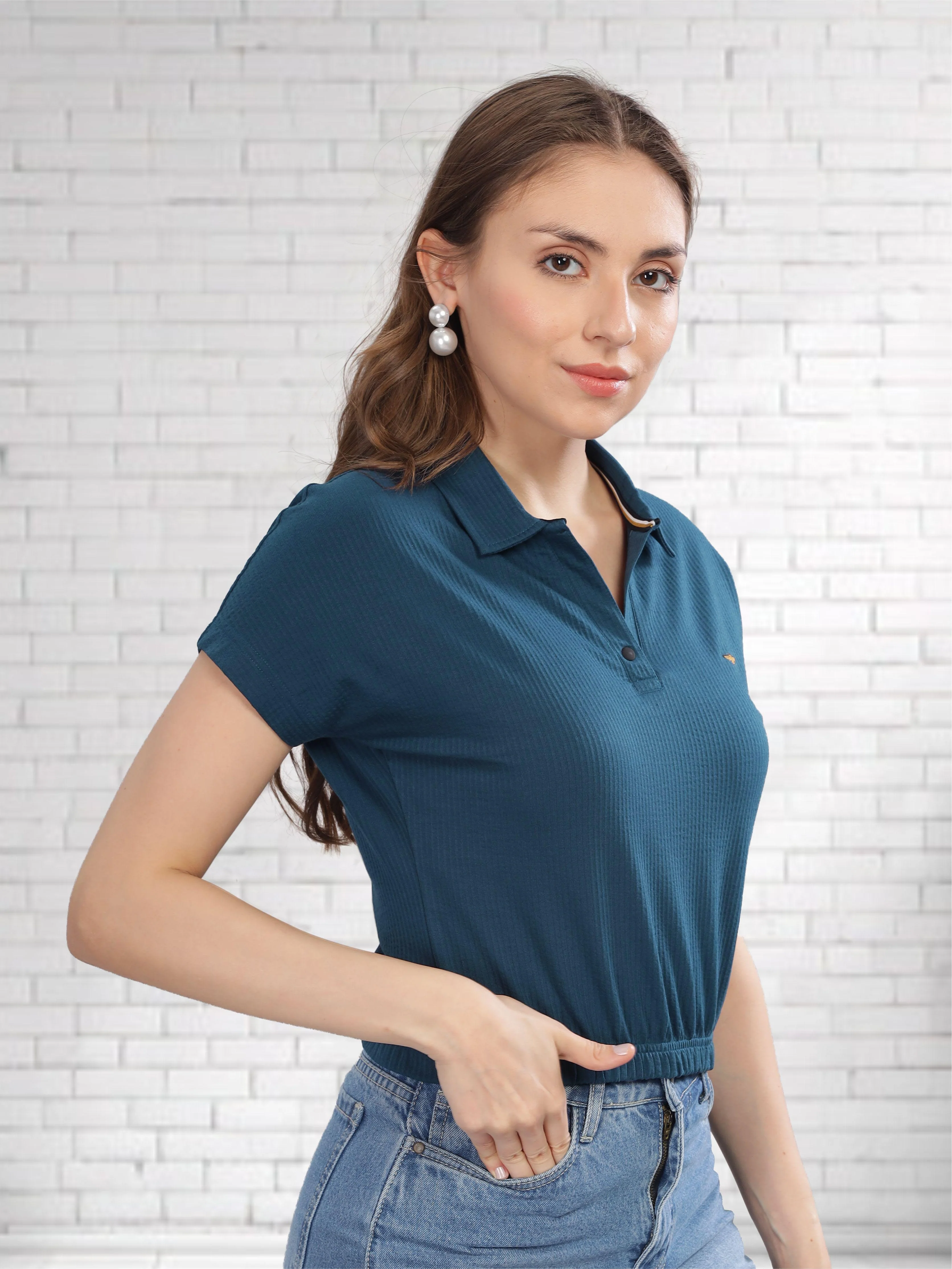 Teal Blue Women's Crop Tops - Image 3