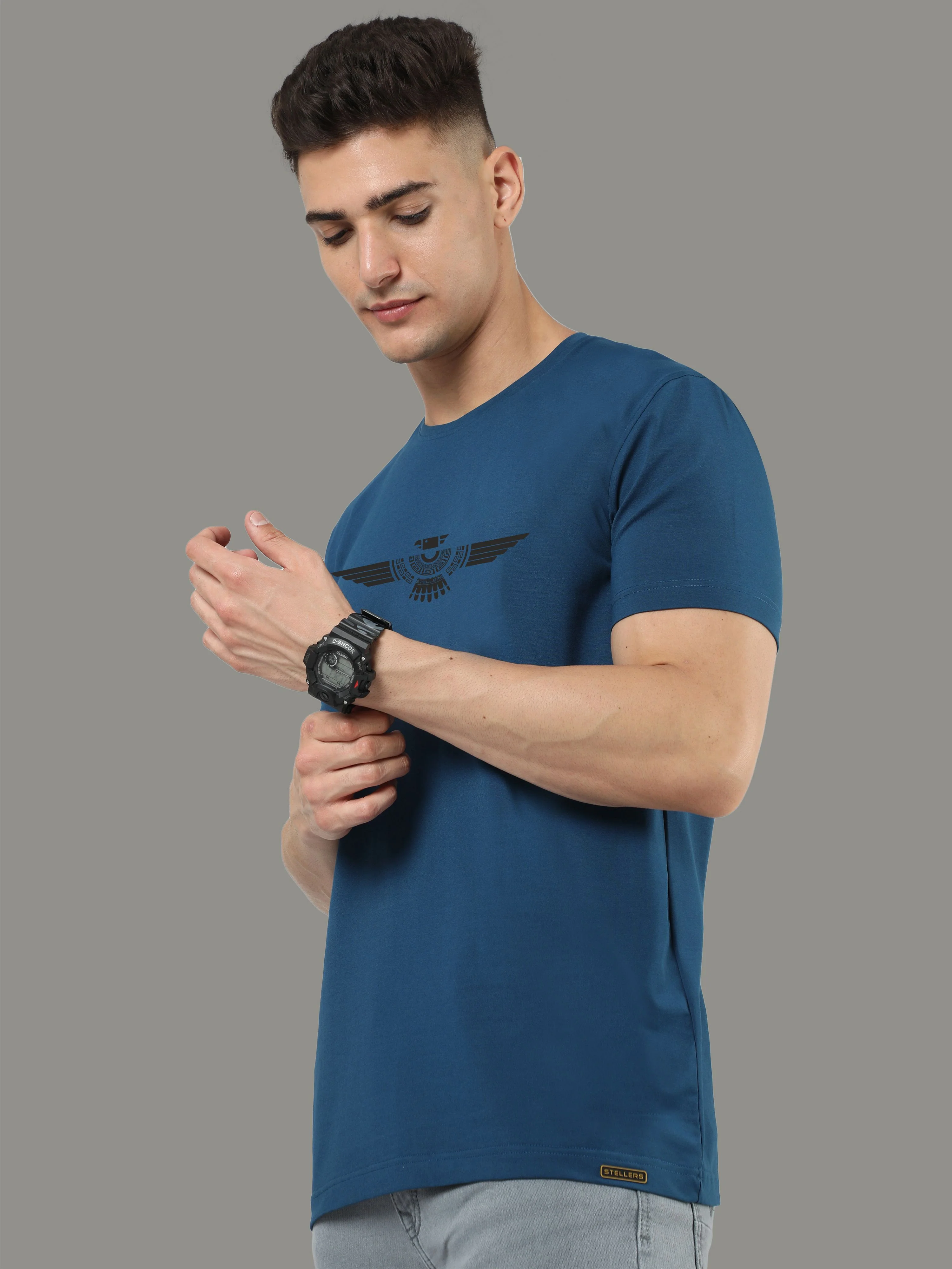 Teal Blue Men's Crew Neck T-Shirts - Image 3
