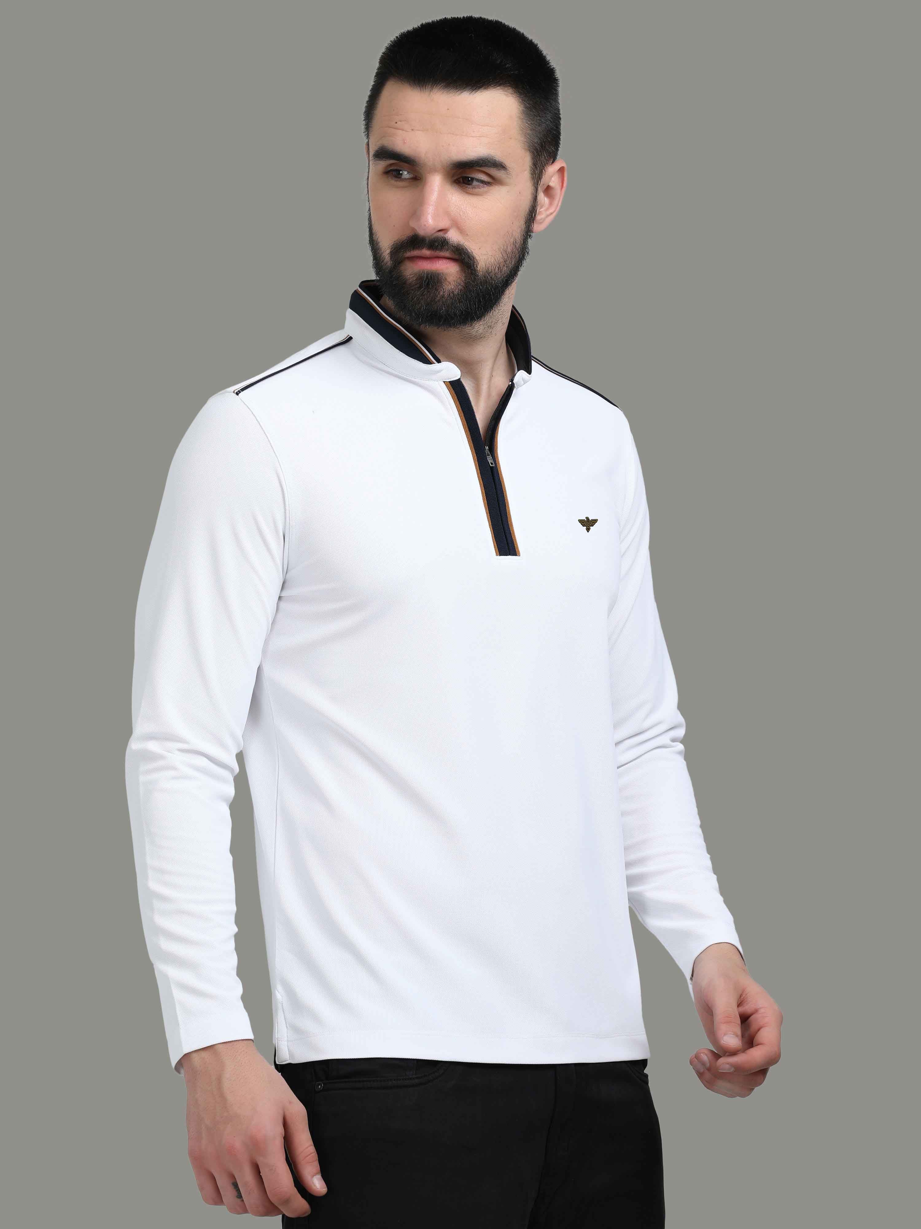 White Henley Men's Full Sleeve Zipper T-Shirt - Image 3
