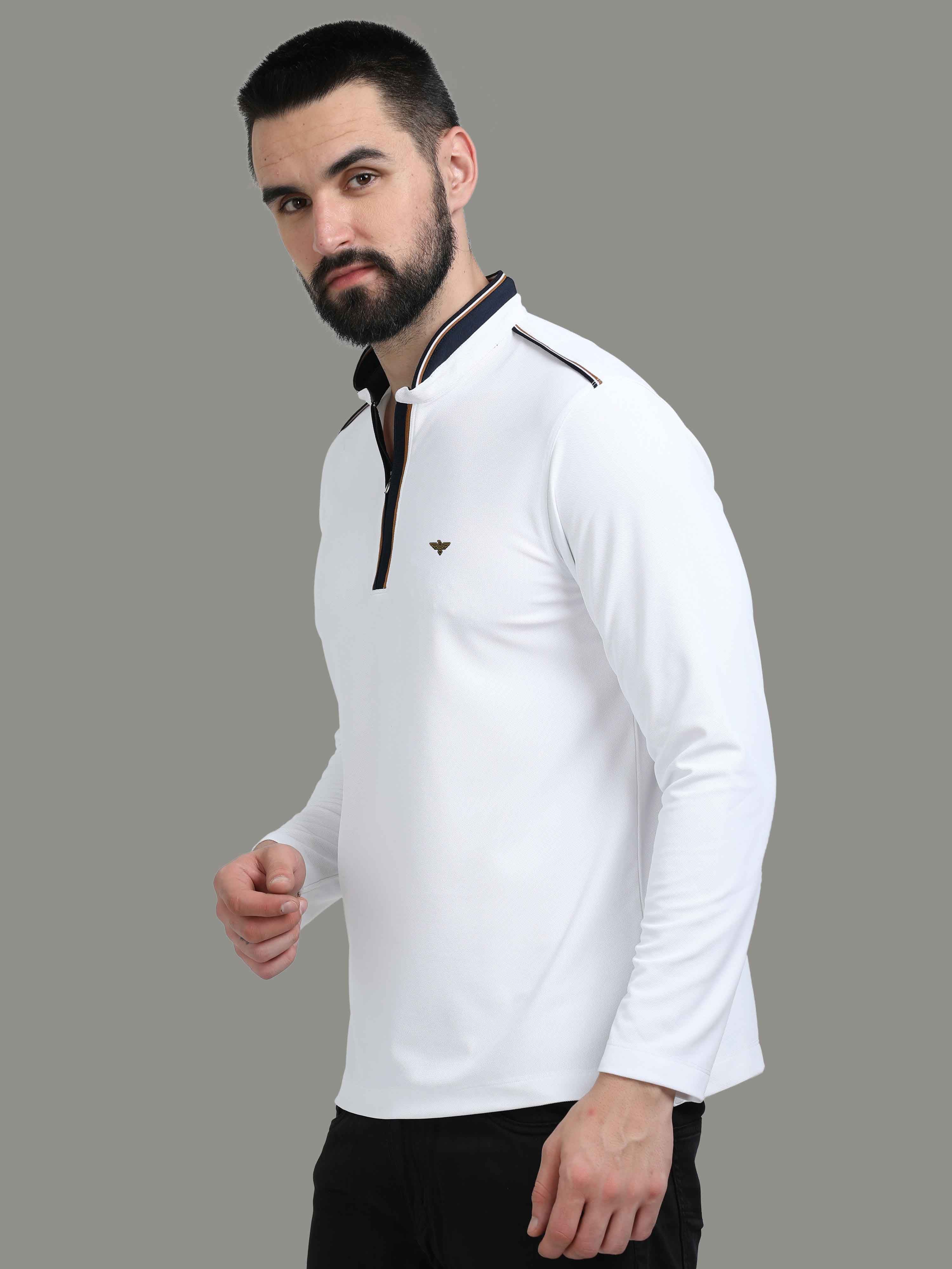 White Henley Men's Full Sleeve Zipper T-Shirt - Image 4
