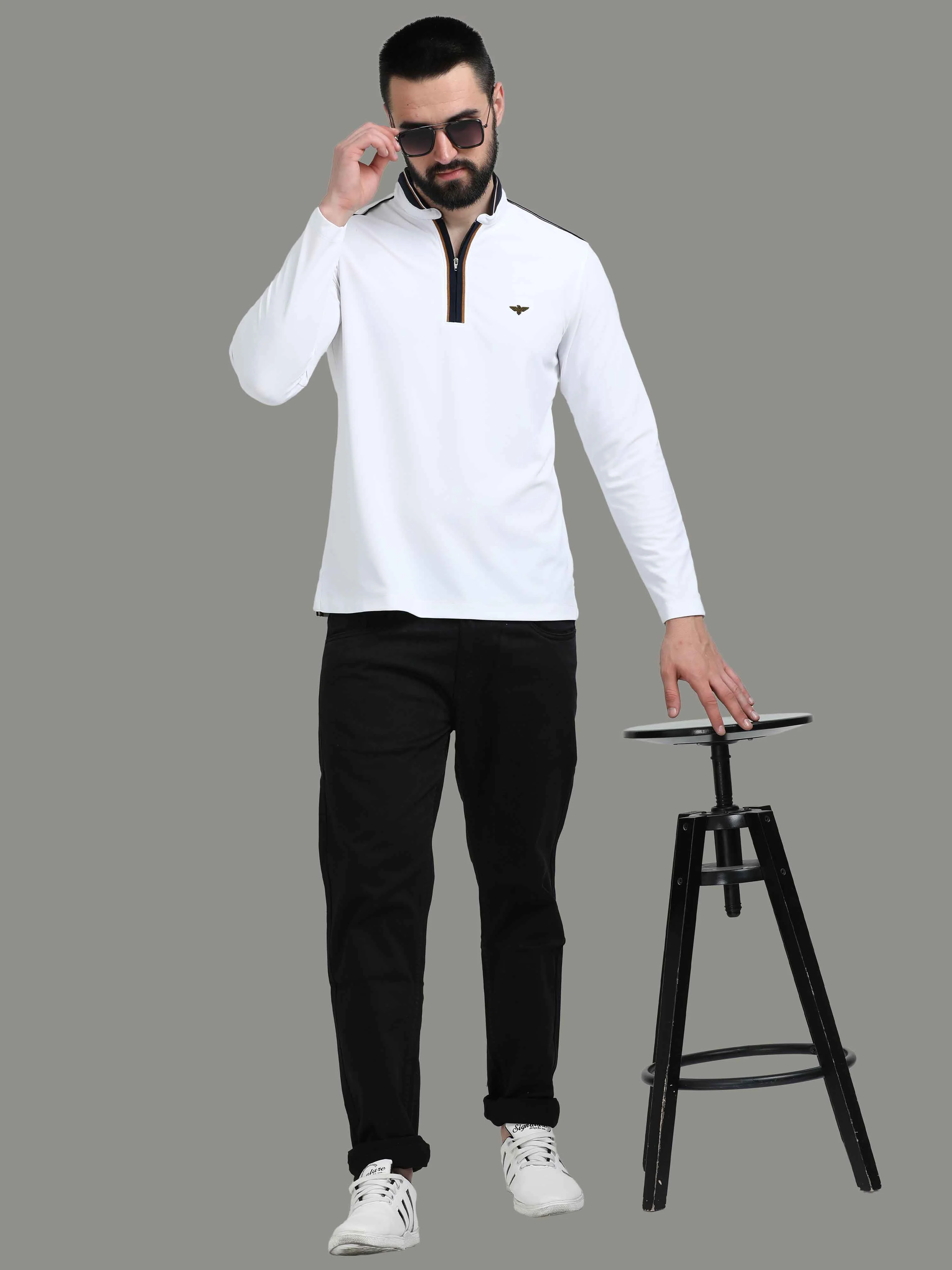 White Henley Men's Full Sleeve Zipper T-Shirt - Image 6