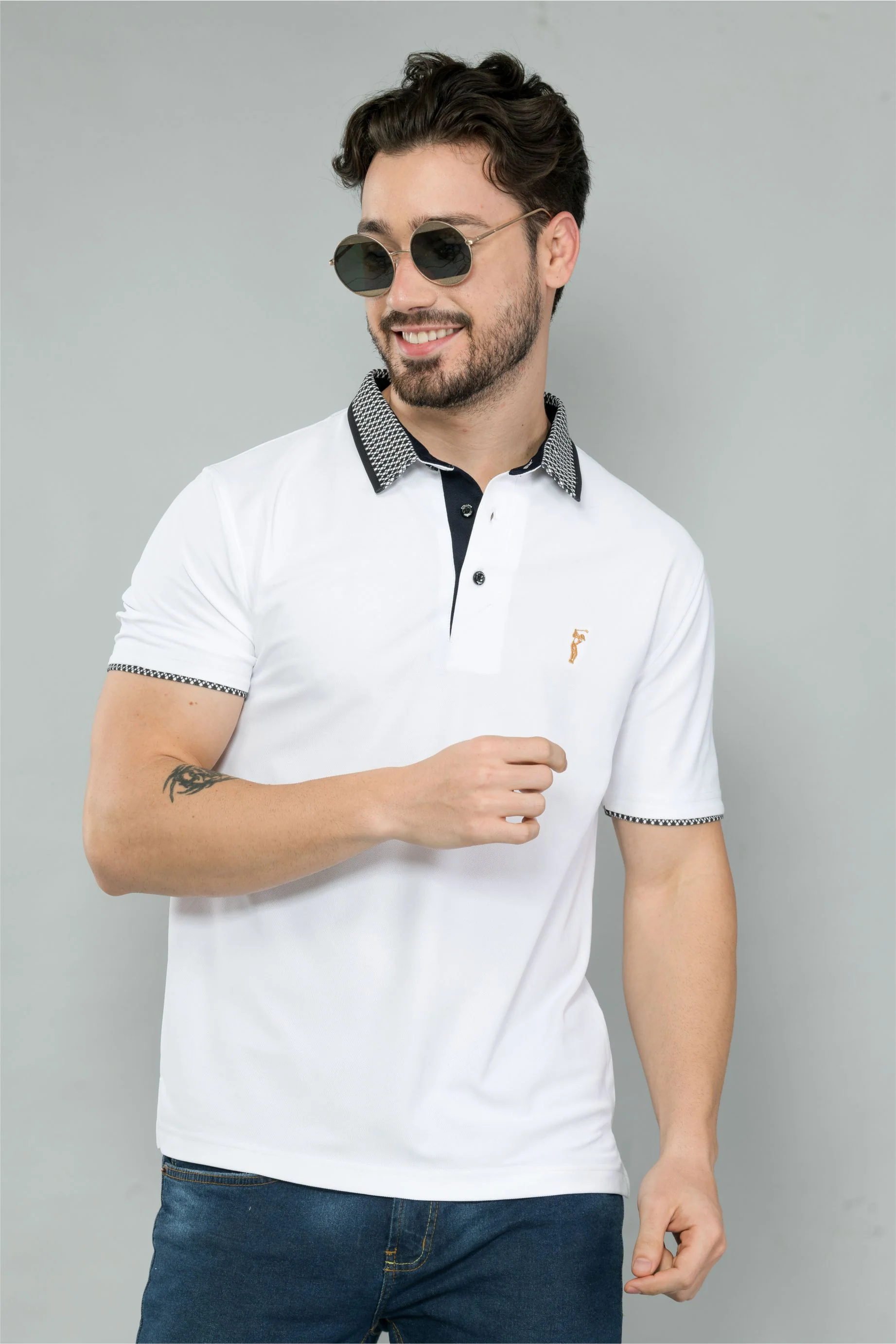 White Men's Jacquard Collar Polo T-Shirt | Quick Dry | Stretchable | UV Protected | Wrinkle & Odour-Free - Image 3