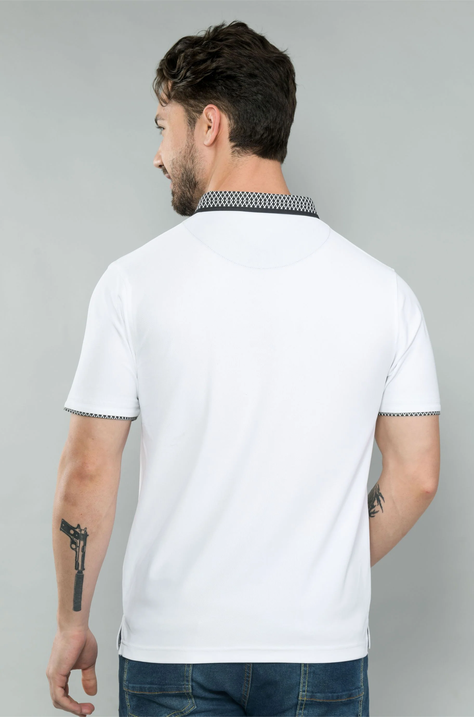 White Men's Jacquard Collar Polo T-Shirt | Quick Dry | Stretchable | UV Protected | Wrinkle & Odour-Free - Image 5