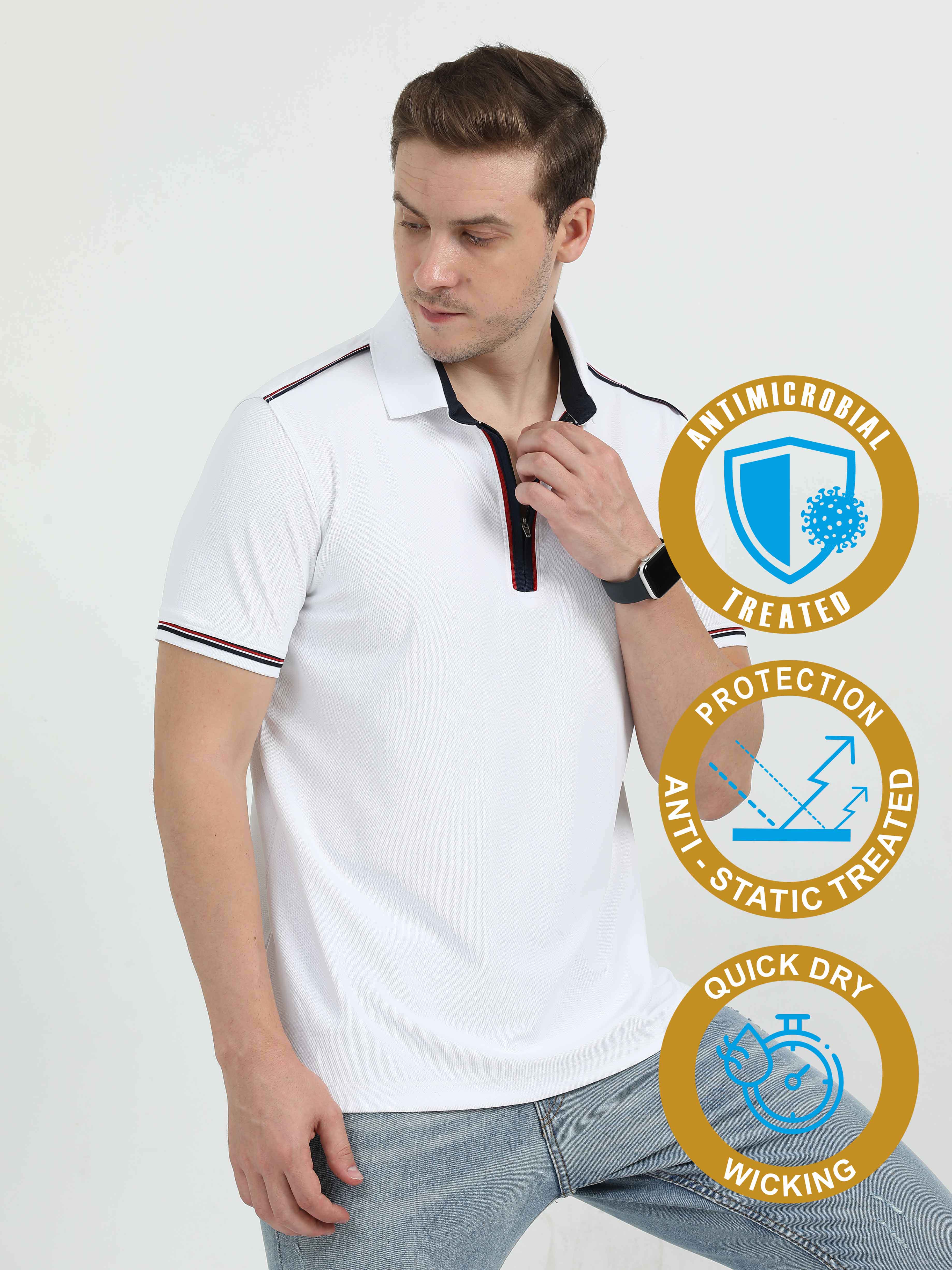 White Men's Zipper Placket Polo T-Shirt | Quick Dry | Stretchable | UV Protected | Wrinkle & Odour-Free - Image 3