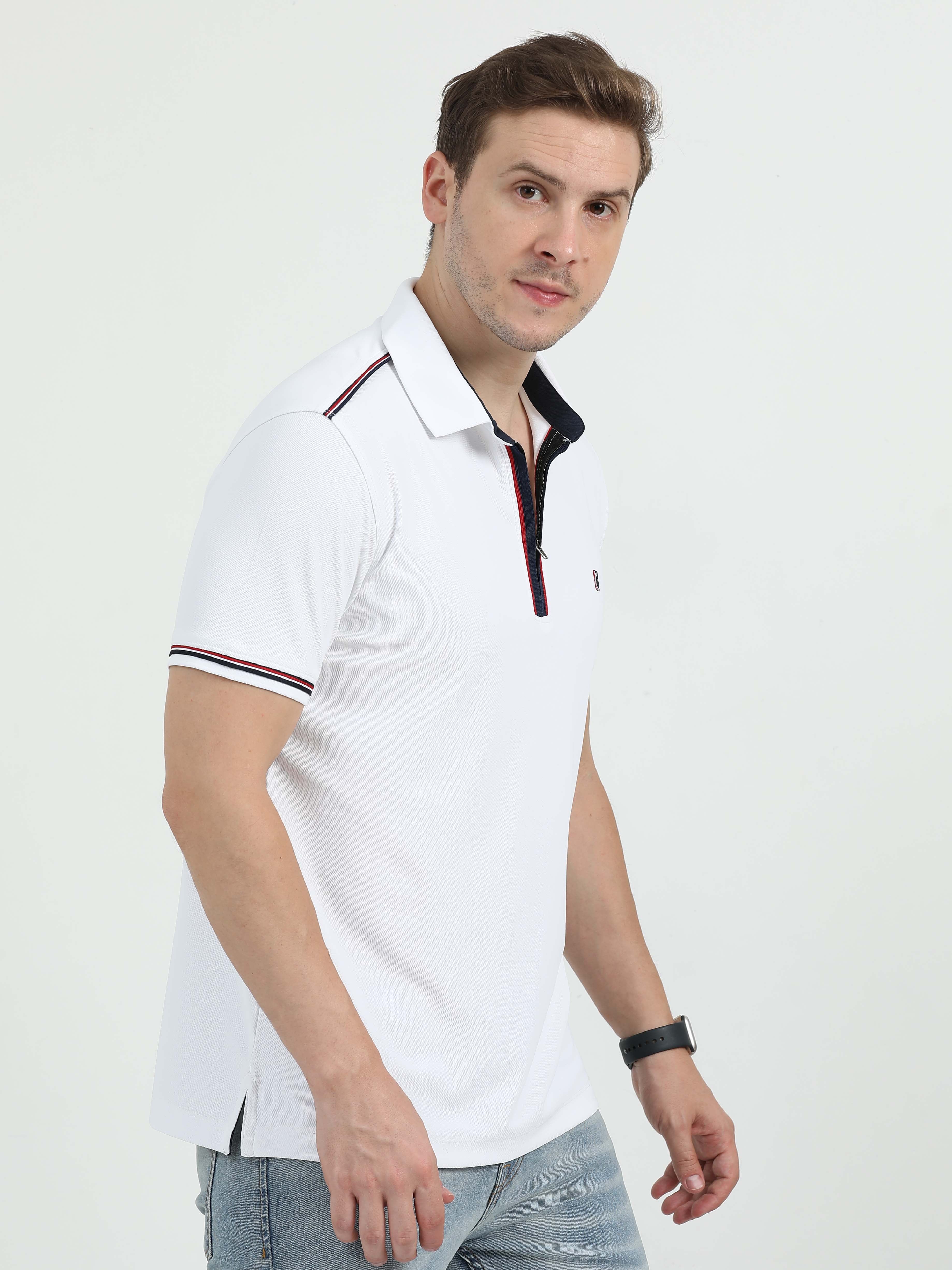 White Men's Zipper Placket Polo T-Shirt | Quick Dry | Stretchable | UV Protected | Wrinkle & Odour-Free - Image 4