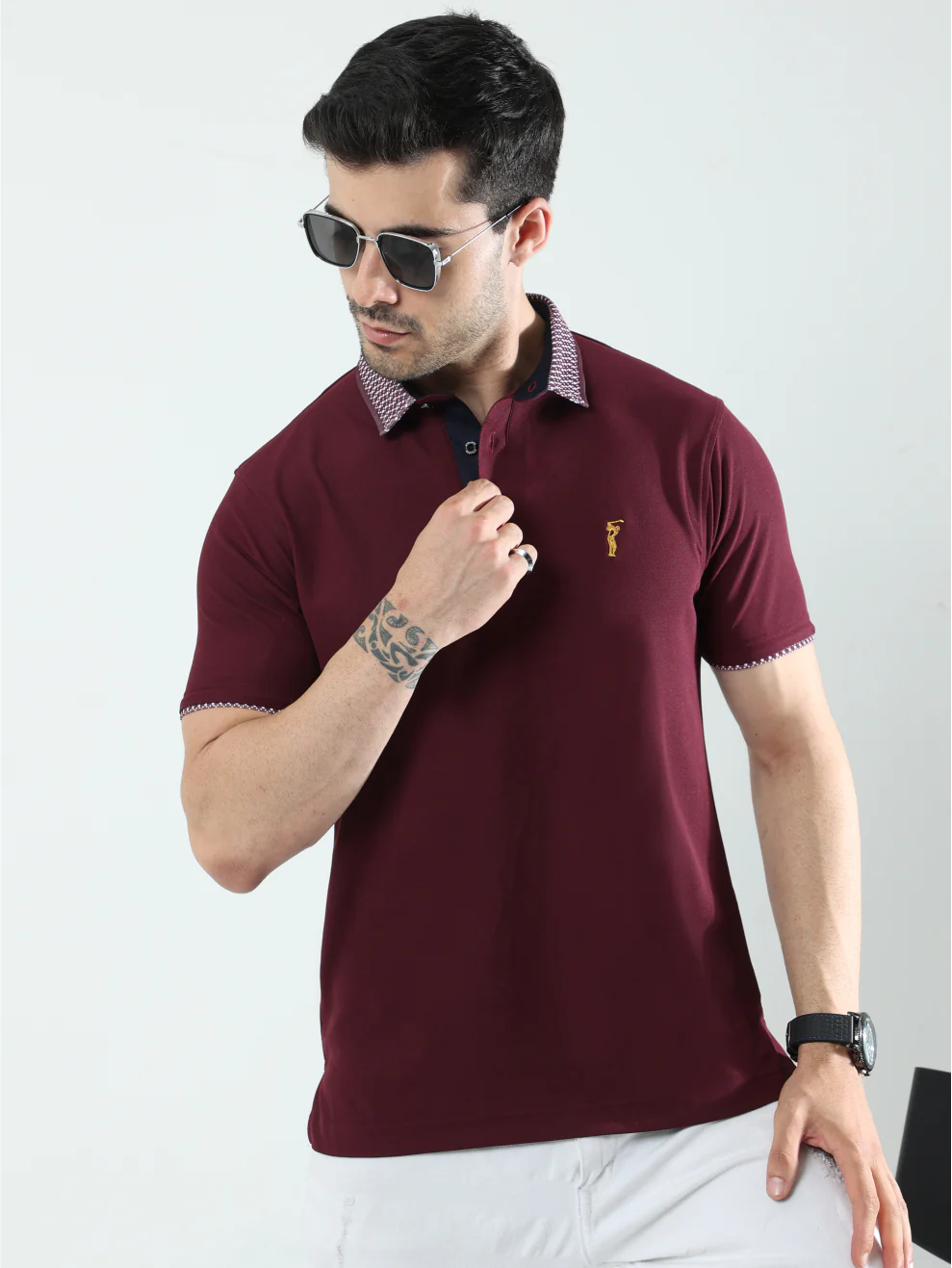 Wine Men's Jacquard Collar Polo T-Shirt | Quick Dry | Stretchable | UV Protected | Wrinkle & Odour-Free - Image 3