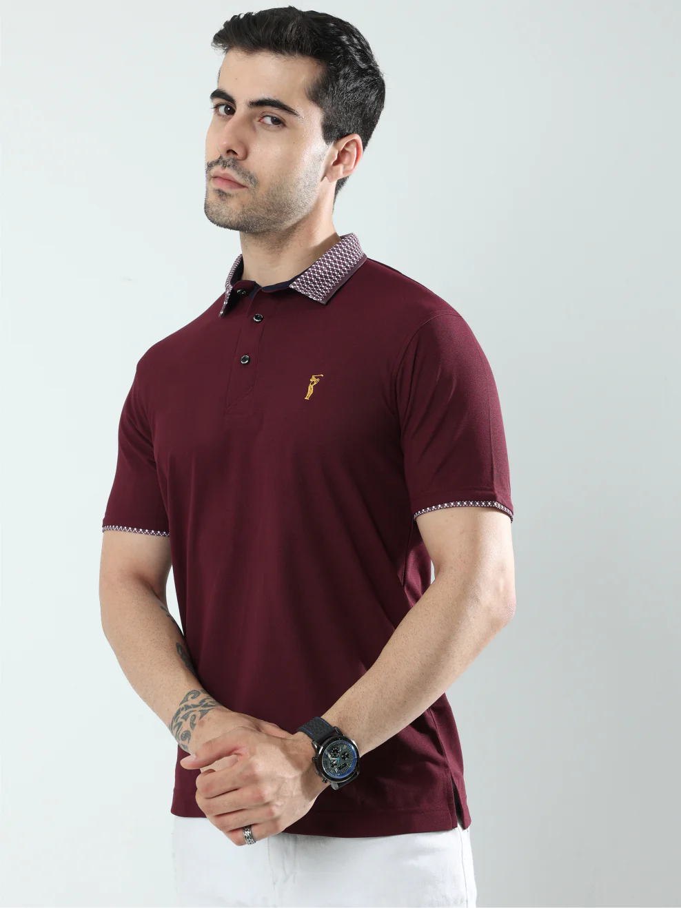 Wine Men's Jacquard Collar Polo T-Shirt | Quick Dry | Stretchable | UV Protected | Wrinkle & Odour-Free - Image 4