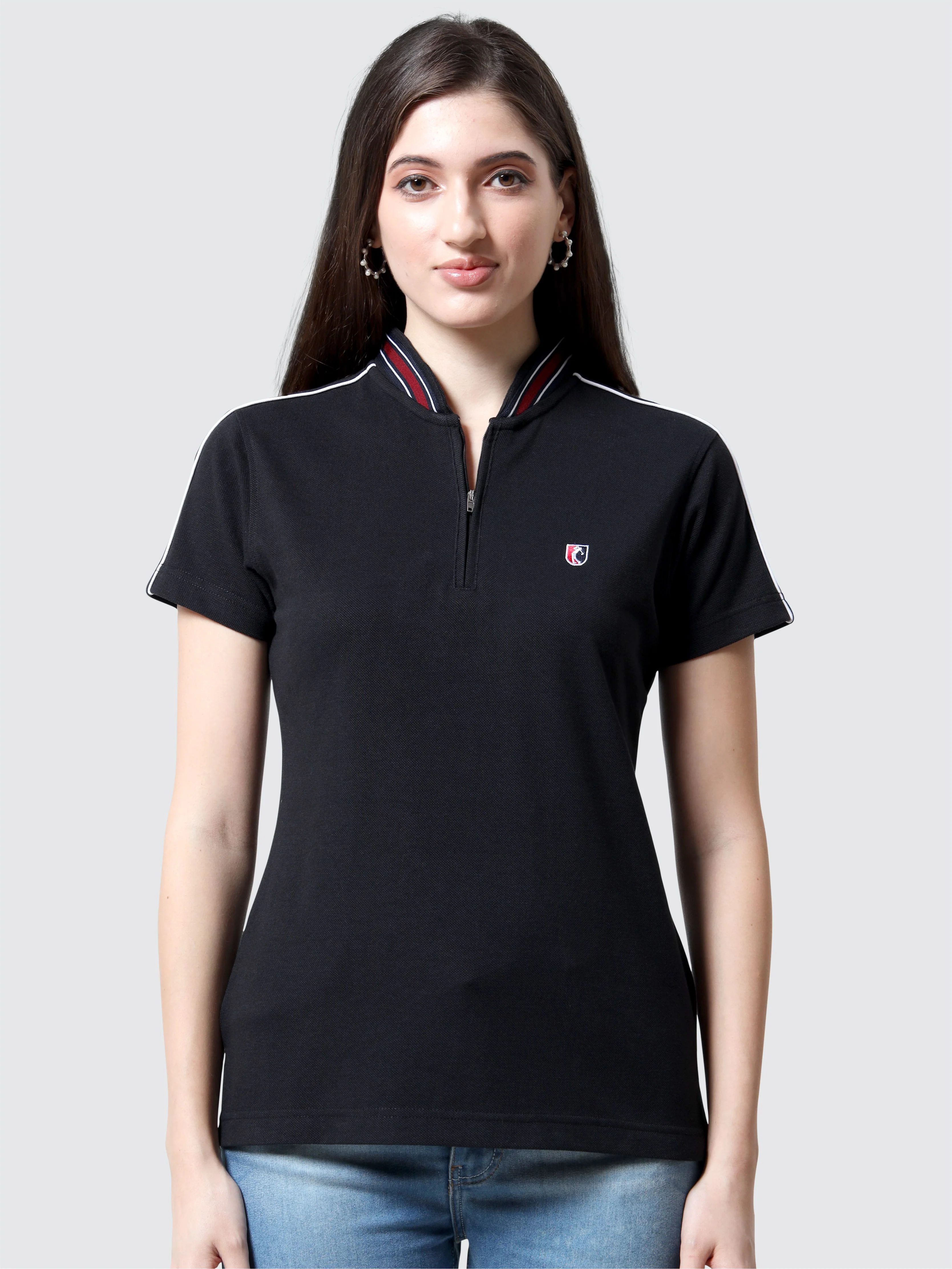Women Black Zipper Chinese Collar Polo T-shirt | Premium Cotton | Stretchable | Feather touch feel | Sustainable | Breathable | Light Weight - Image 3