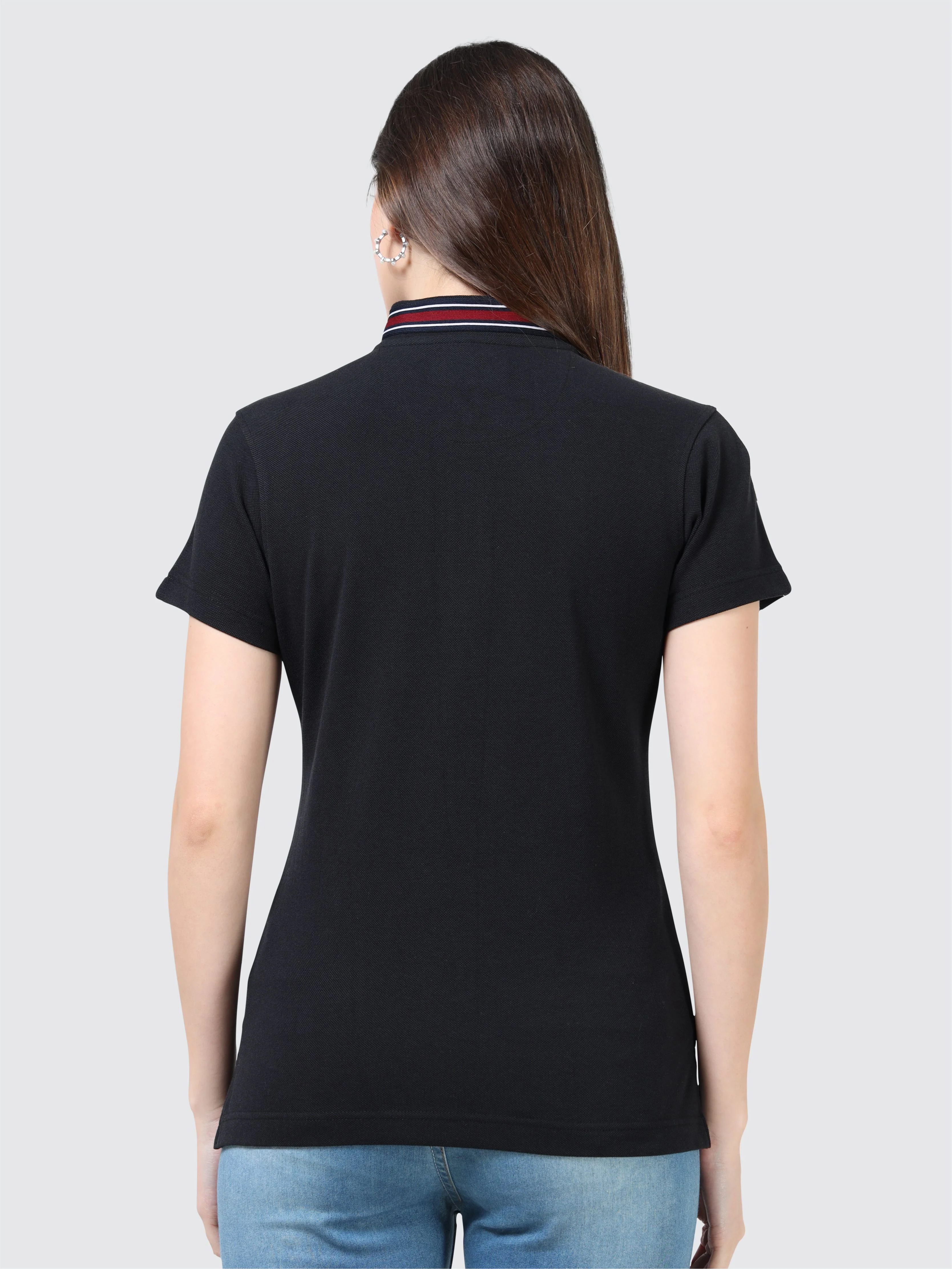 Women Black Zipper Chinese Collar Polo T-shirt | Premium Cotton | Stretchable | Feather touch feel | Sustainable | Breathable | Light Weight - Image 4