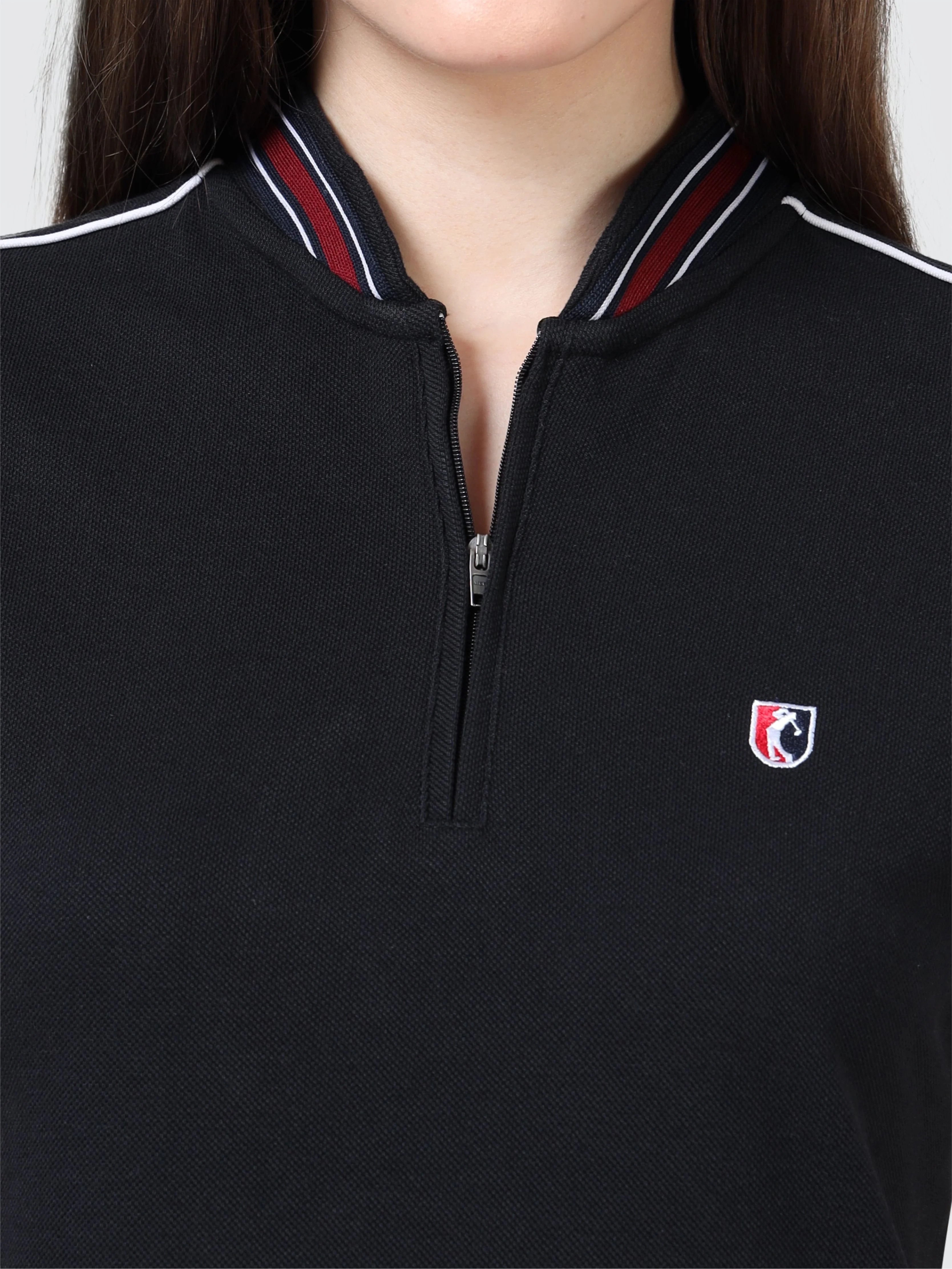 Women Black Zipper Chinese Collar Polo T-shirt | Premium Cotton | Stretchable | Feather touch feel | Sustainable | Breathable | Light Weight - Image 5