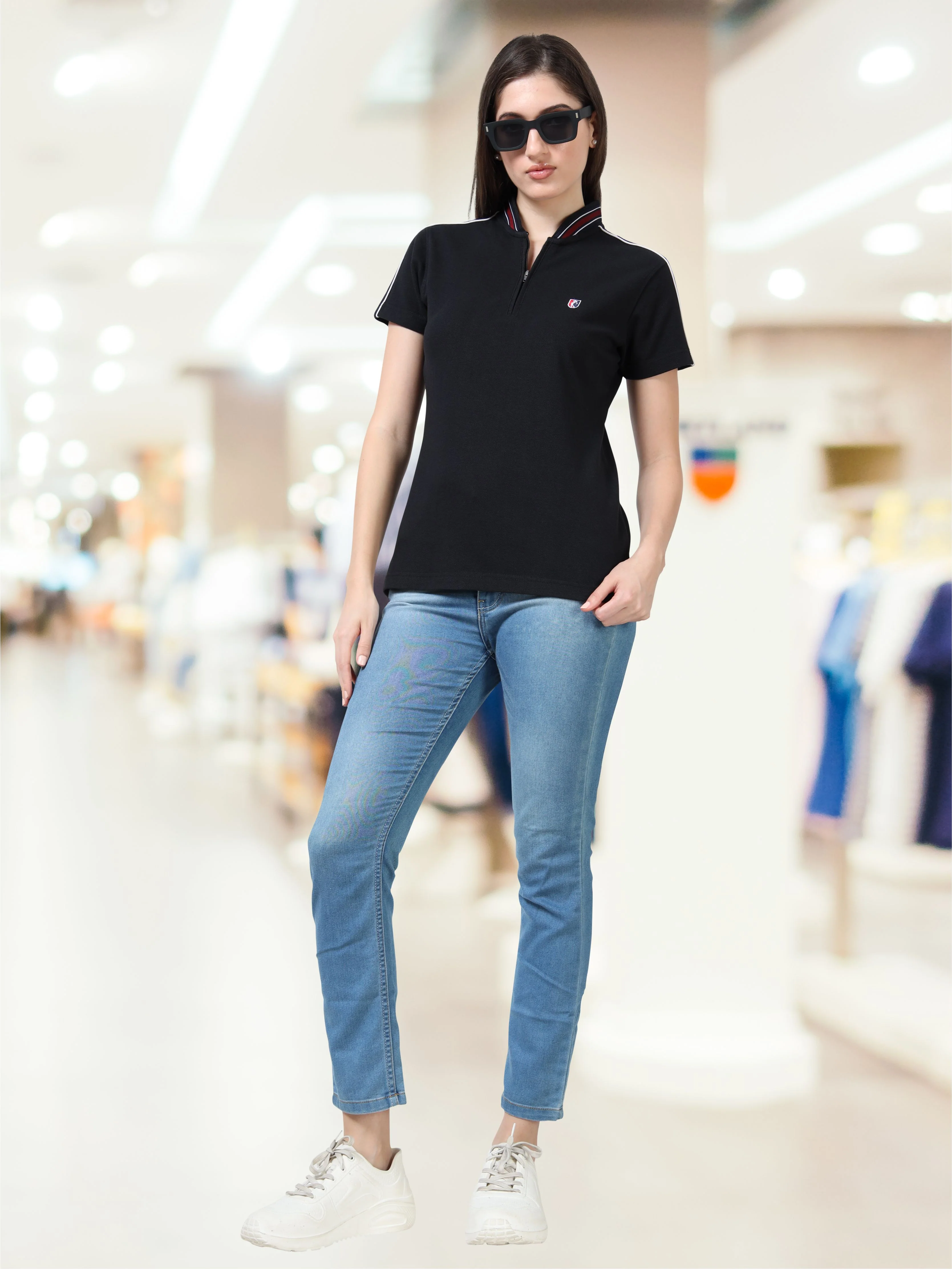Women Black Zipper Chinese Collar Polo T-shirt | Premium Cotton | Stretchable | Feather touch feel | Sustainable | Breathable | Light Weight - Image 6