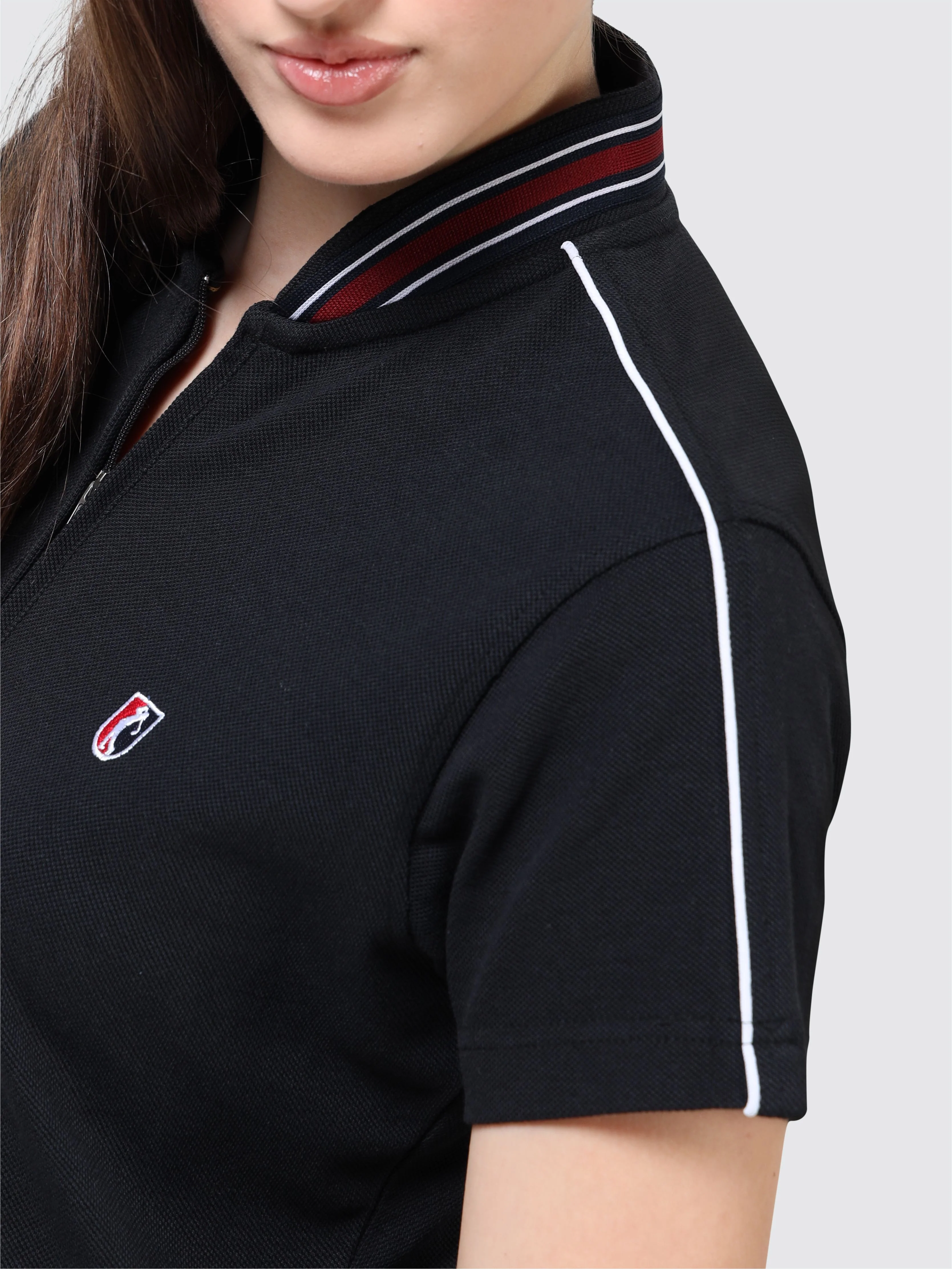 Women Black Zipper Chinese Collar Polo T-shirt | Premium Cotton | Stretchable | Feather touch feel | Sustainable | Breathable | Light Weight - Image 7