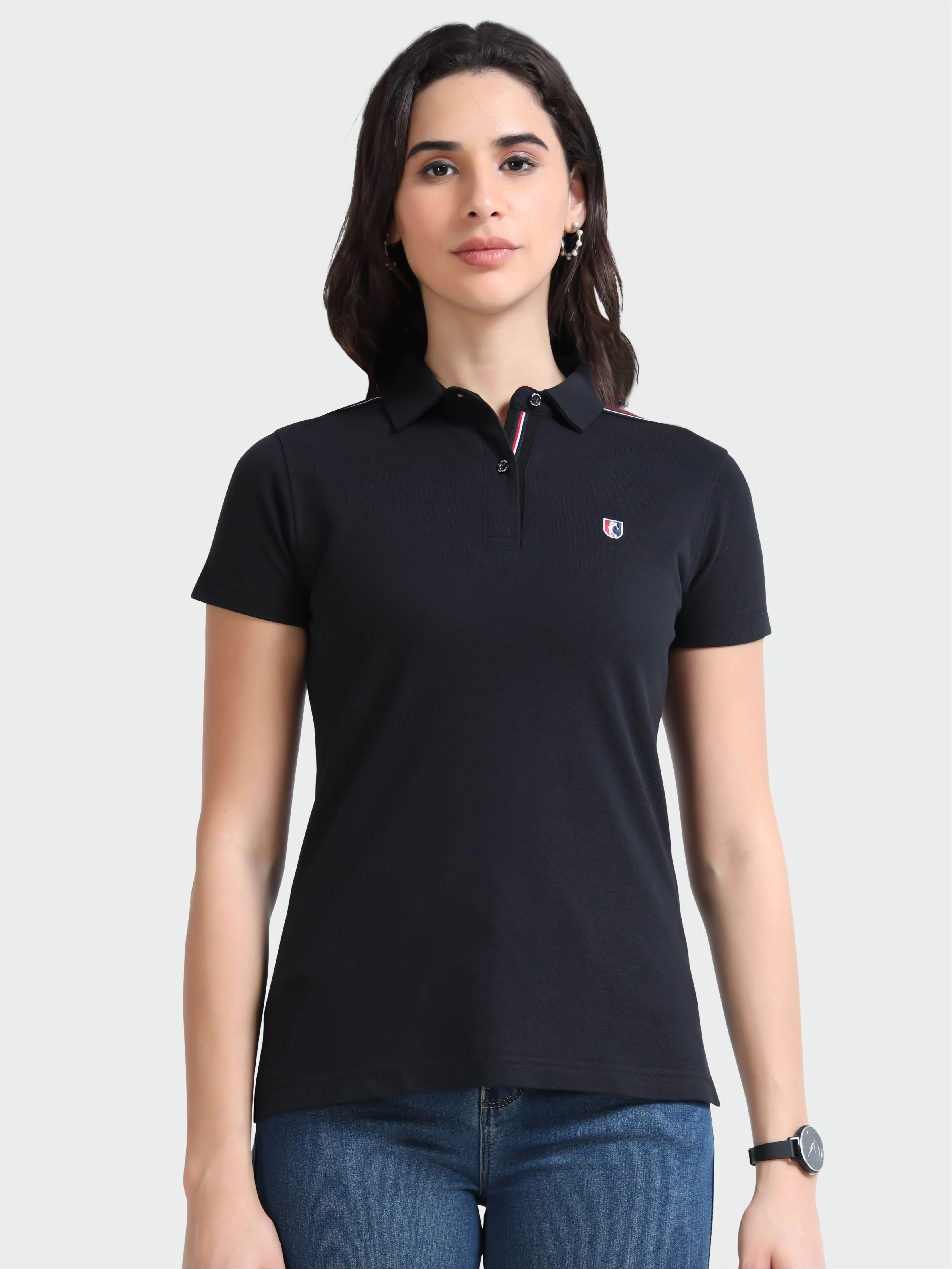 Women Black Regular Fit Polo T-shirt | Premium Cotton | Stretchable | Feather touch feel | Sustainable | Breathable | Light Weight - Image 3