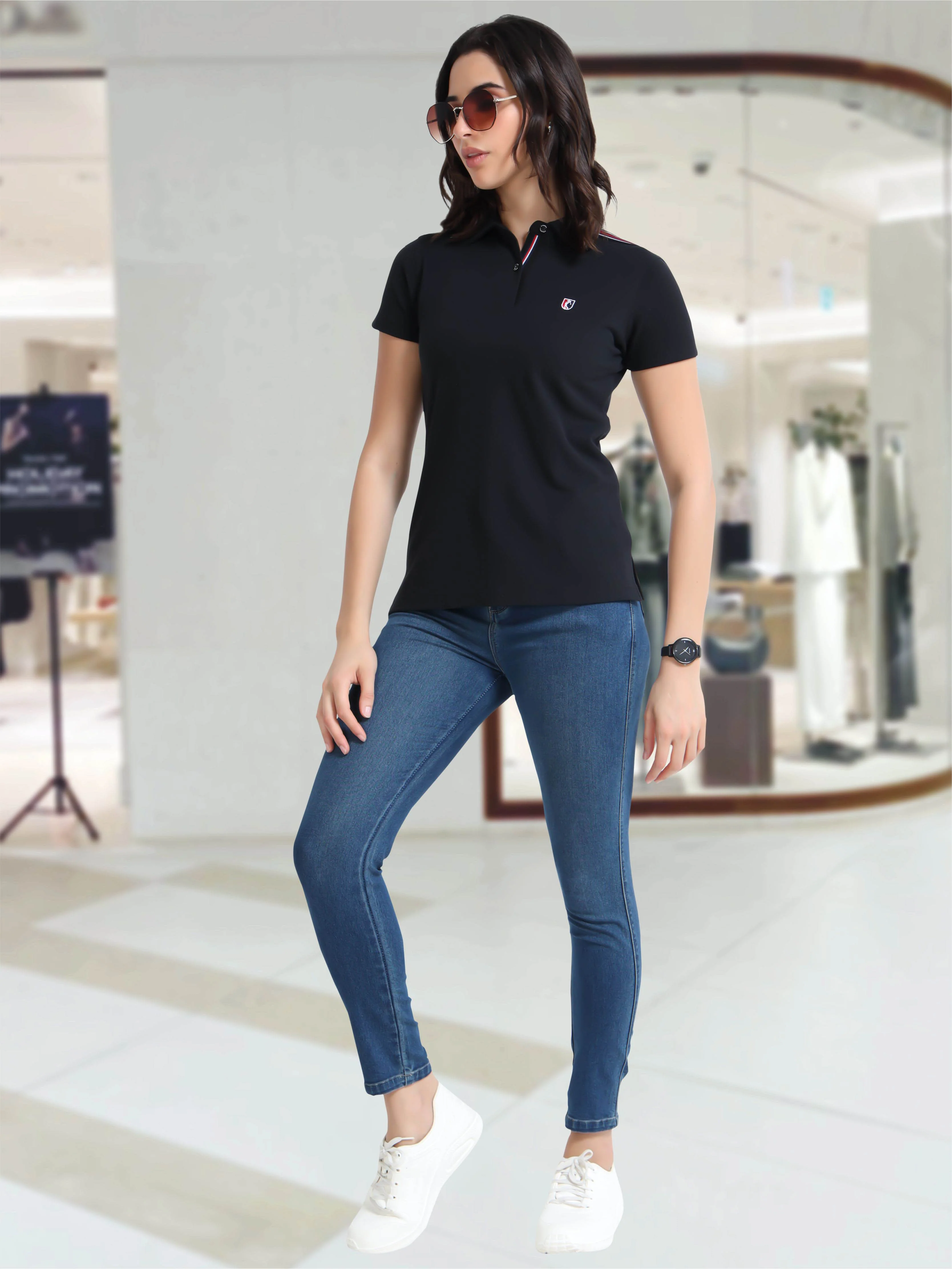 Women Black Regular Fit Polo T-shirt | Premium Cotton | Stretchable | Feather touch feel | Sustainable | Breathable | Light Weight - Image 8