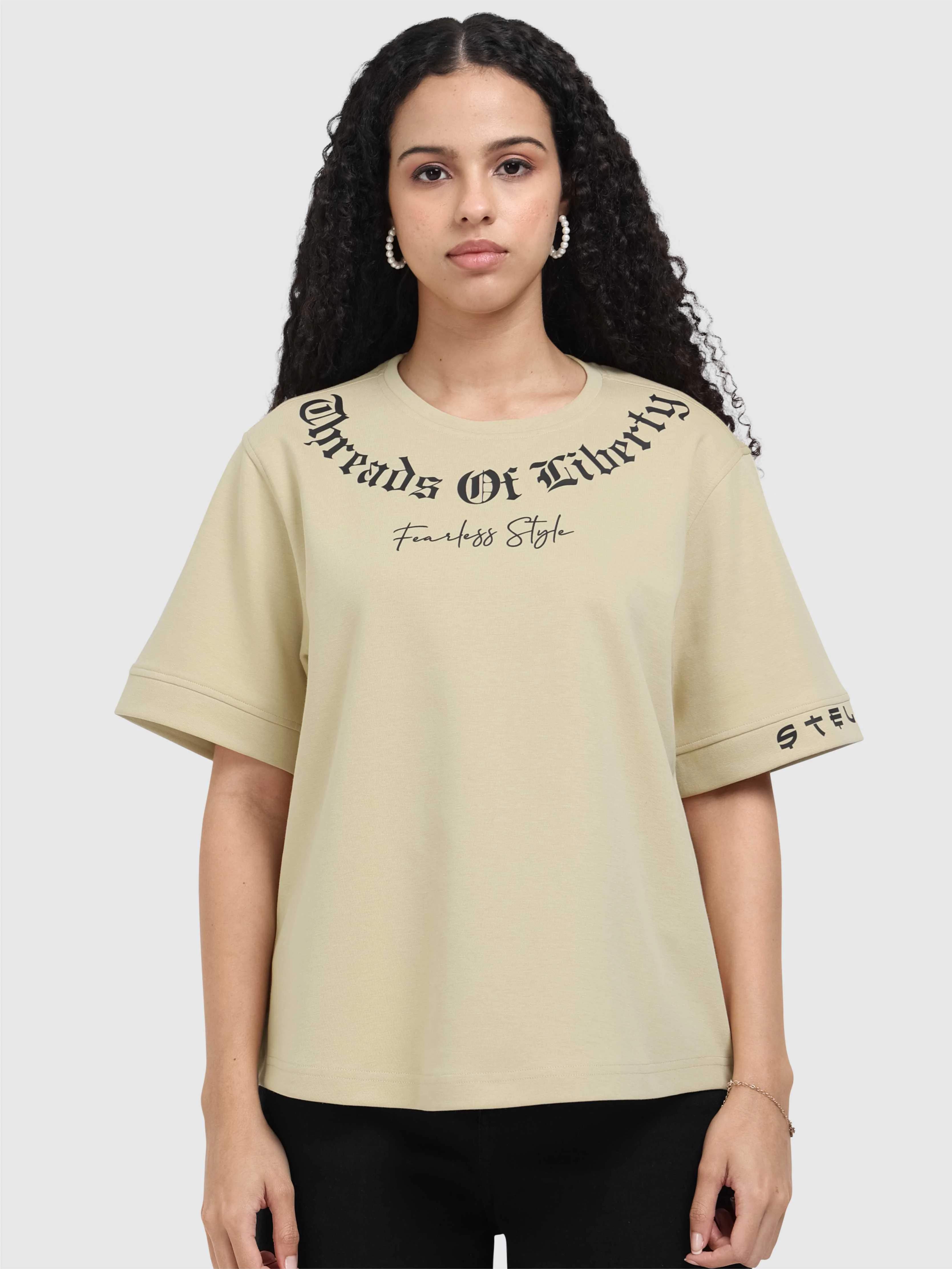 Women Oversized T-Shirt - Beige | Feather Touch Feel | Odour Resistant | Quick Dry | Stretchable | Lightweight - Image 3