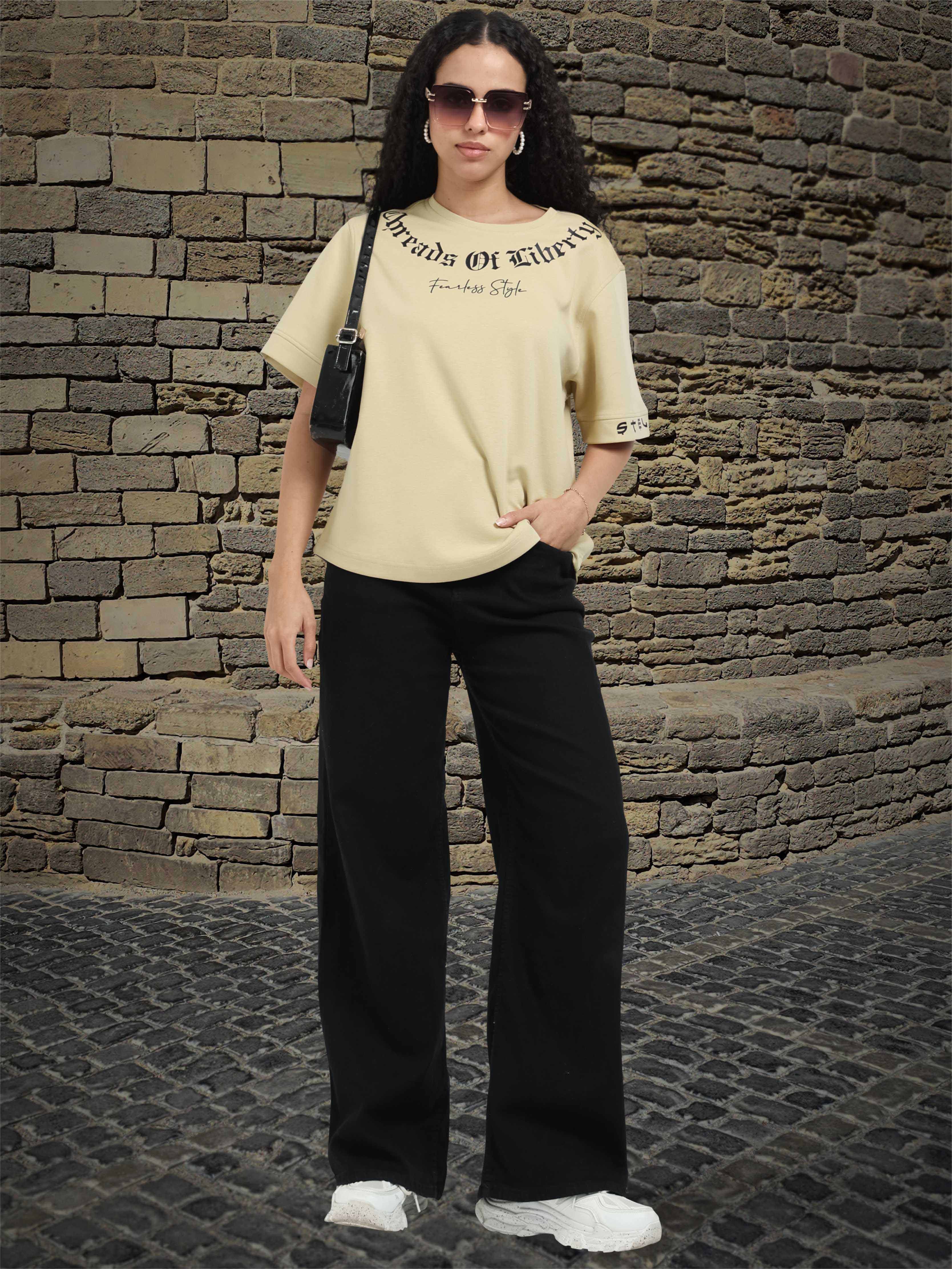 Women Oversized T-Shirt - Beige | Feather Touch Feel | Odour Resistant | Quick Dry | Stretchable | Lightweight - Image 6